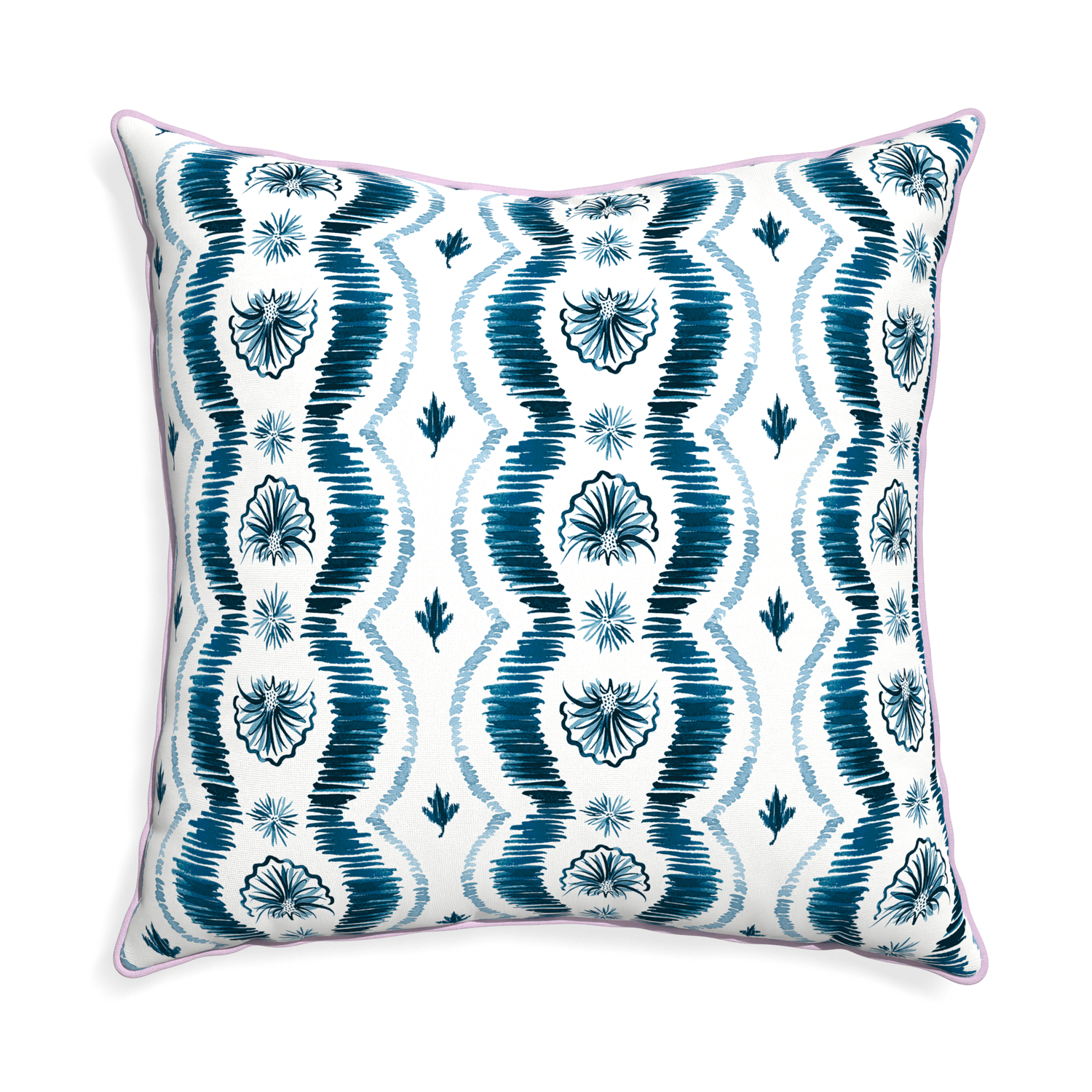 Euro-sham alice custom blue ikatpillow with l piping on white background