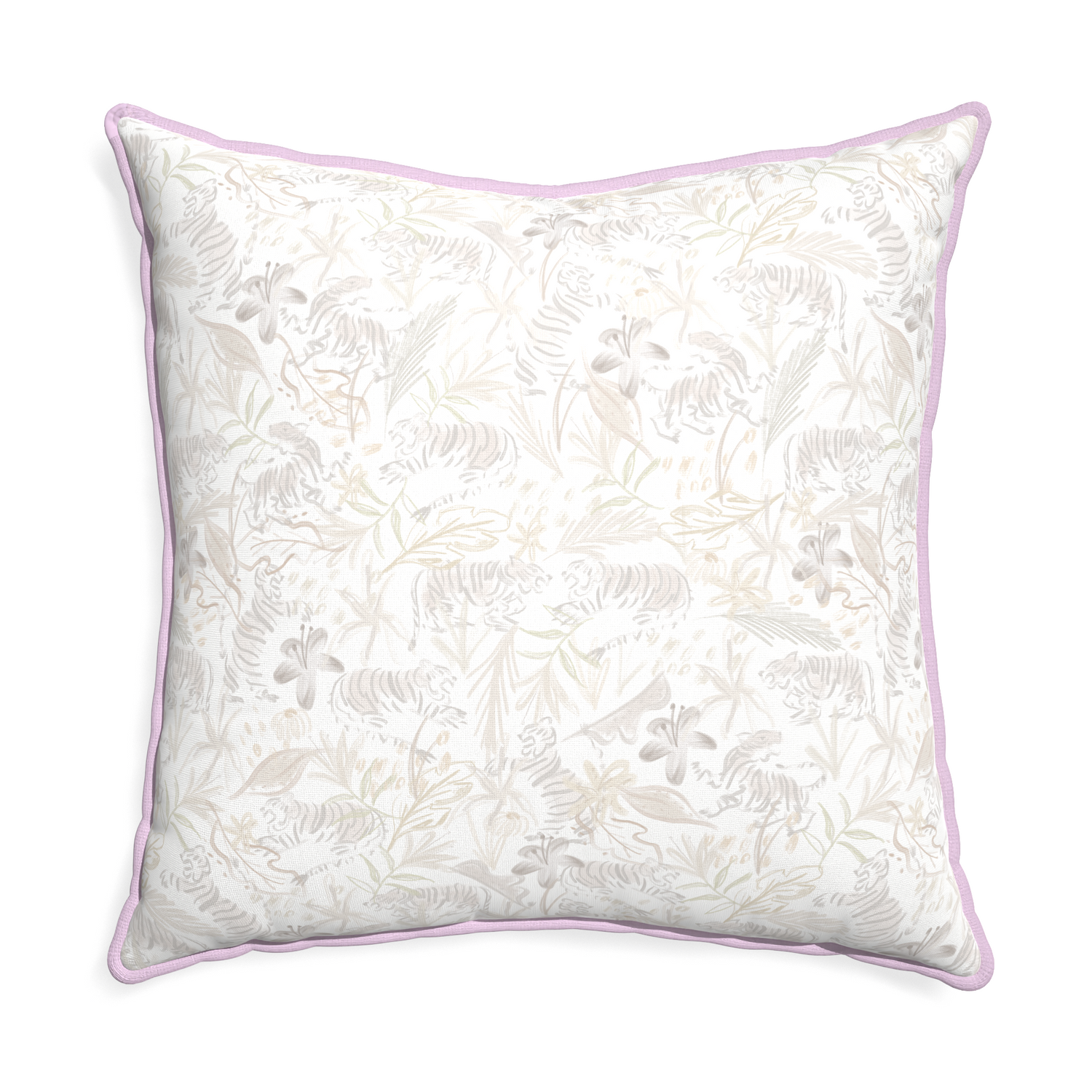 Euro-sham frida sand custom beige chinoiserie tigerpillow with l piping on white background