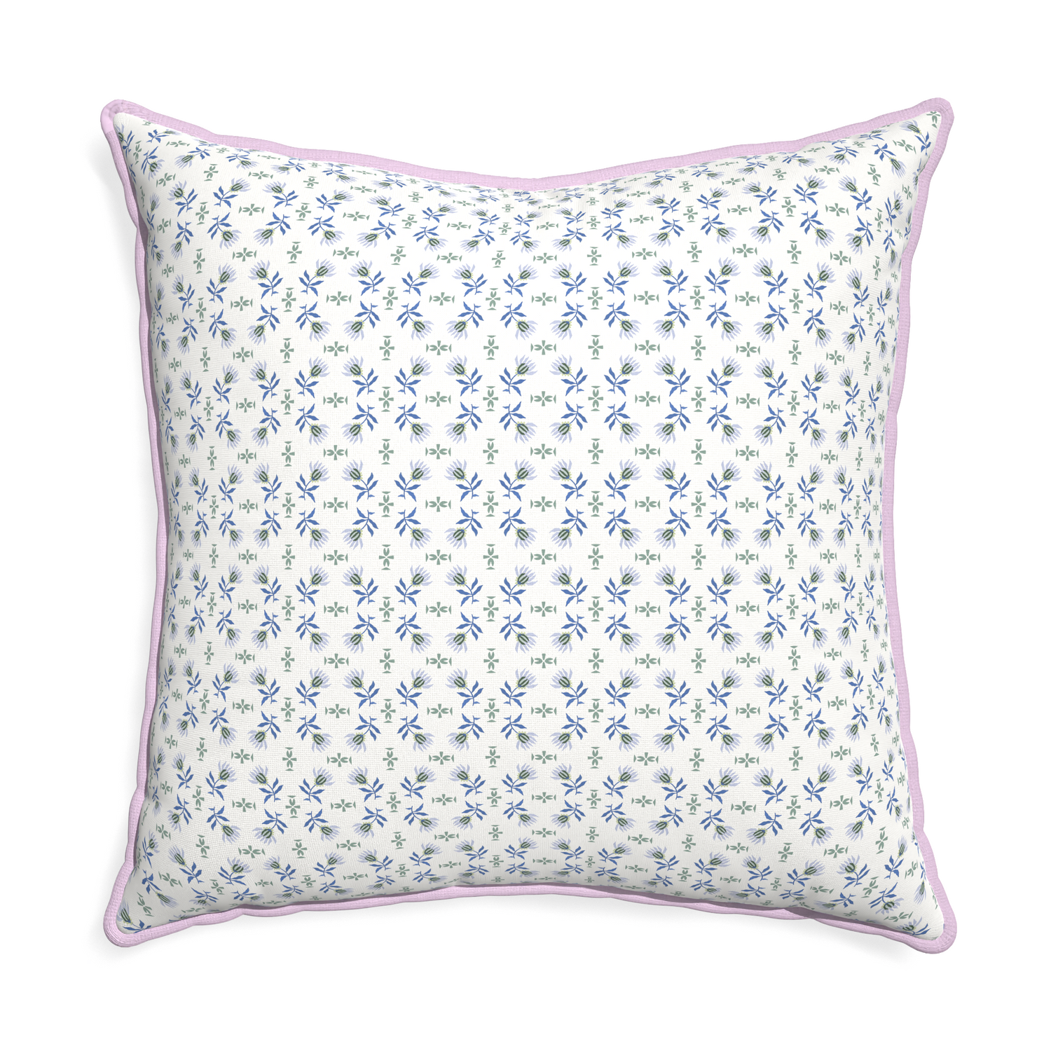 Euro-sham lee custom blue & green floralpillow with l piping on white background