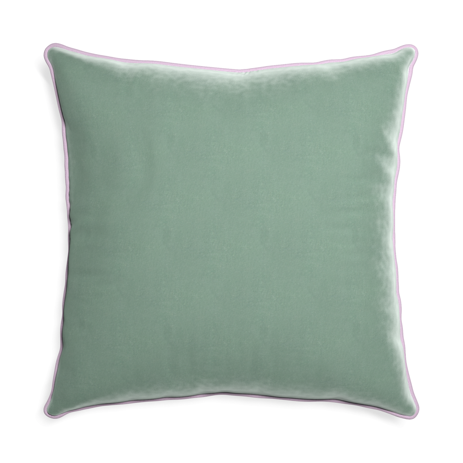 square blue green velvet pillow with lilac piping