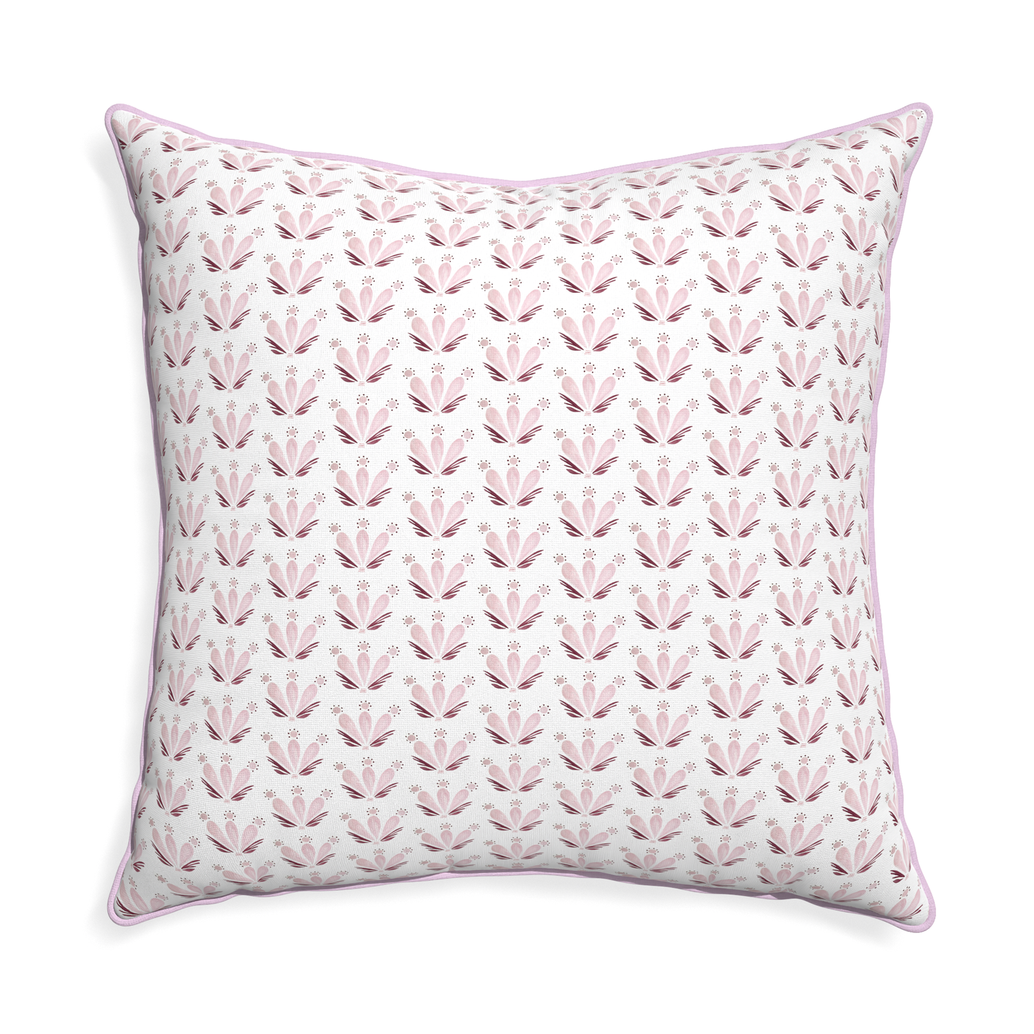 Euro-sham serena pink custom pink & burgundy drop repeat floralpillow with l piping on white background