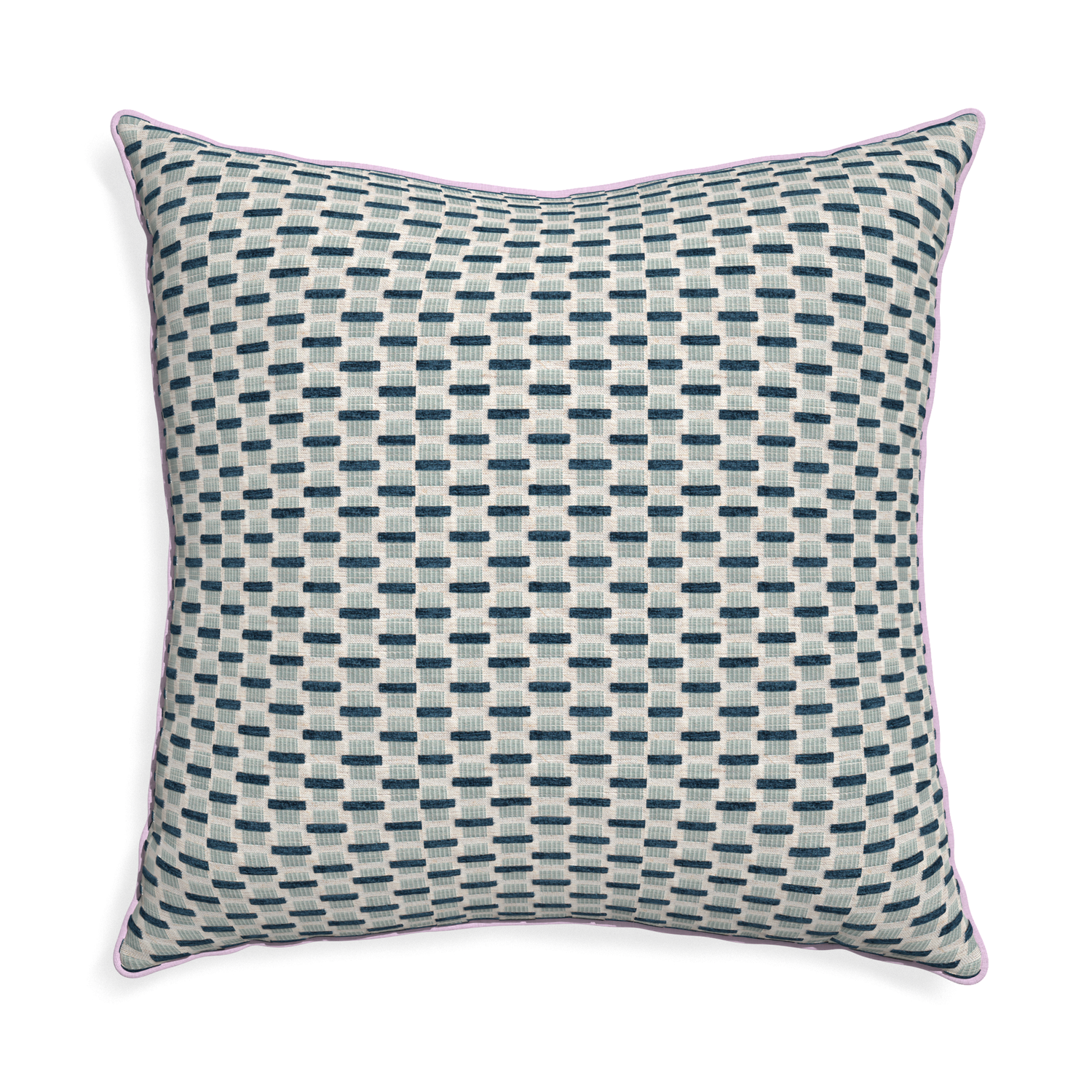Euro-sham willow amalfi custom blue geometric chenillepillow with l piping on white background