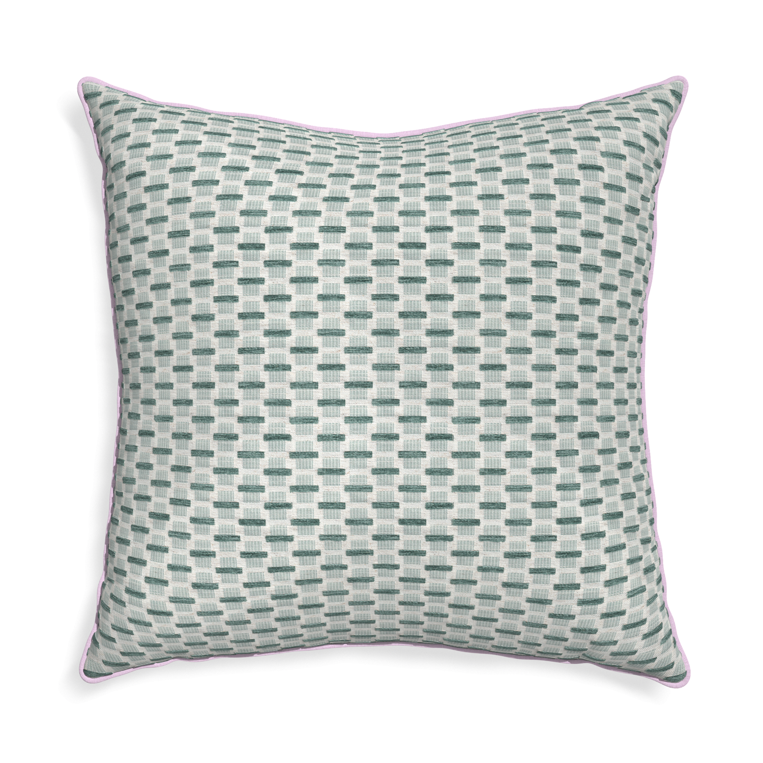Euro-sham willow mint custom green geometric chenillepillow with l piping on white background