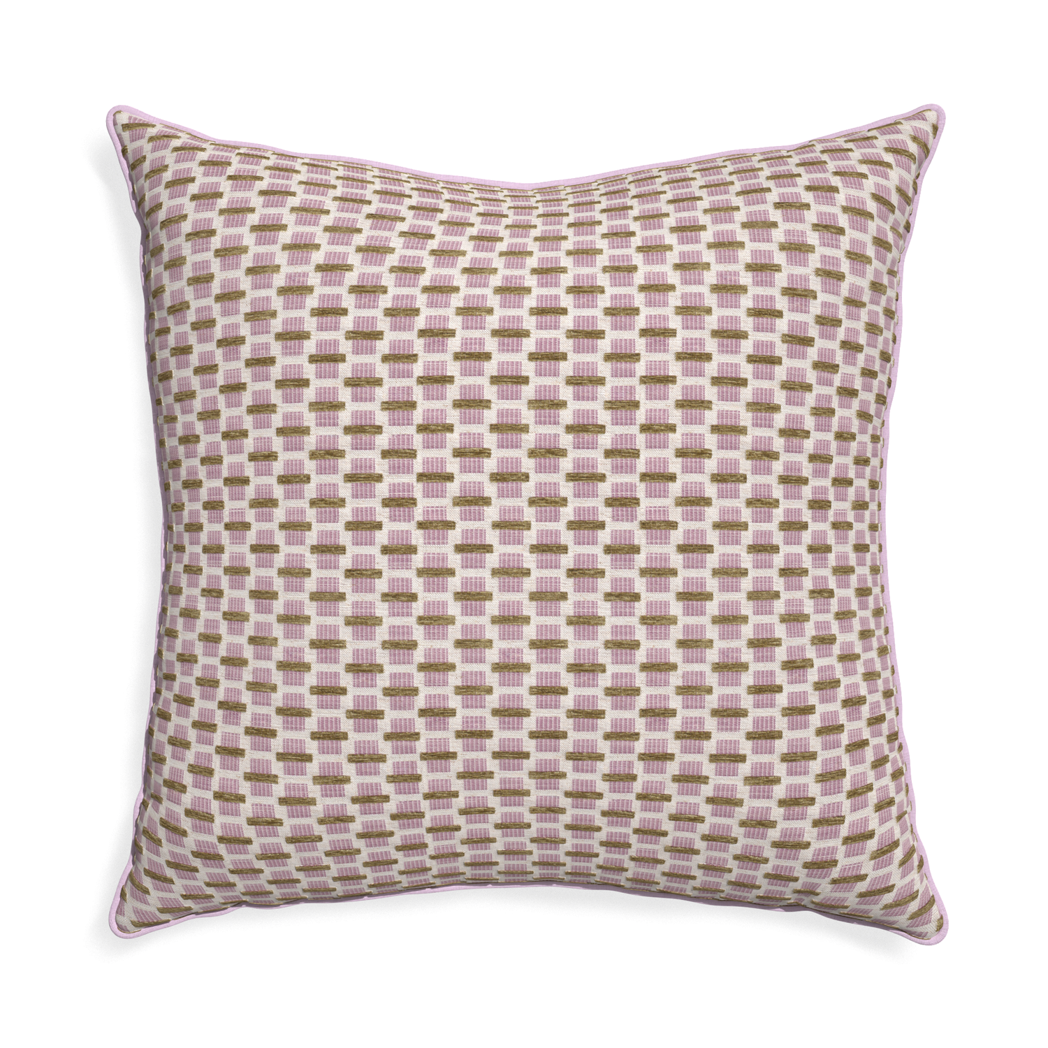 Euro-sham willow orchid custom pink geometric chenillepillow with l piping on white background