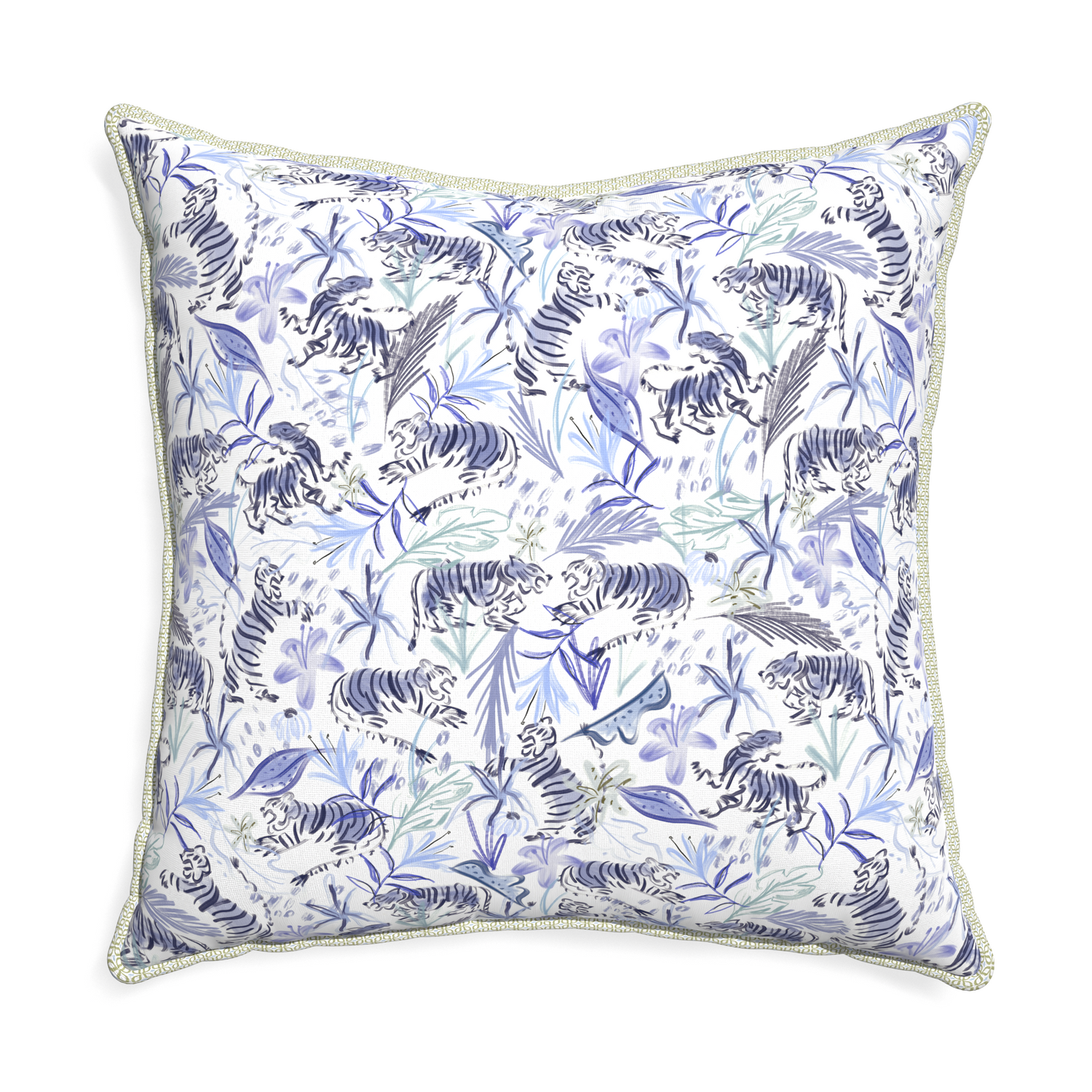 Euro-sham frida blue custom blue with intricate tiger designpillow with l piping on white background