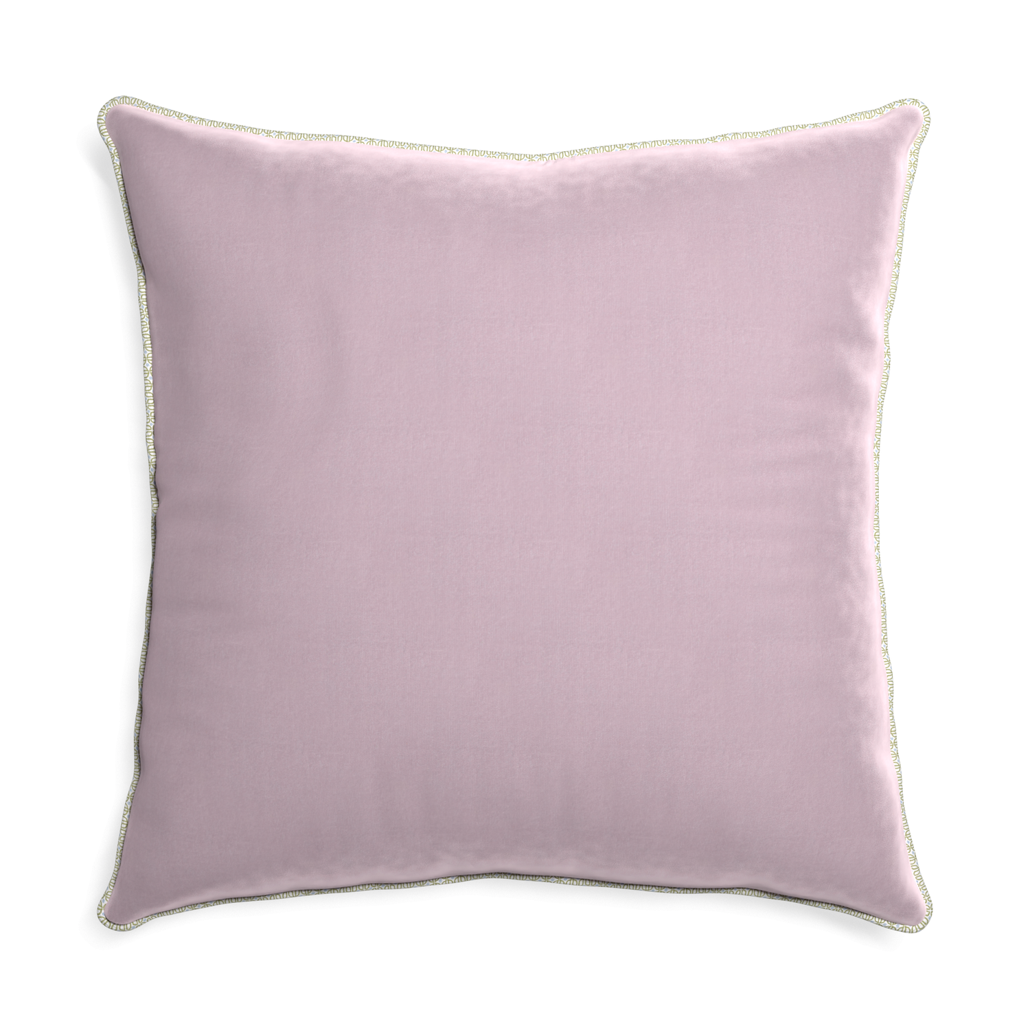 square lilac velvet pillow with moss green geometric piping