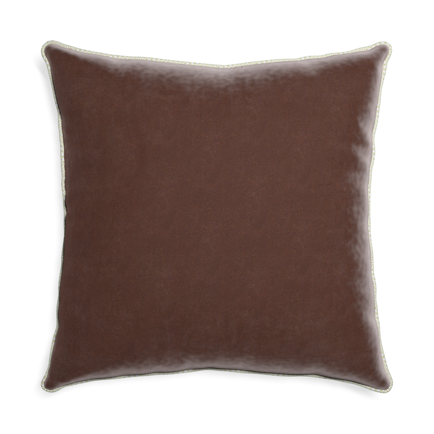Euro-sham walnut velvet custom pillow with l piping on white background