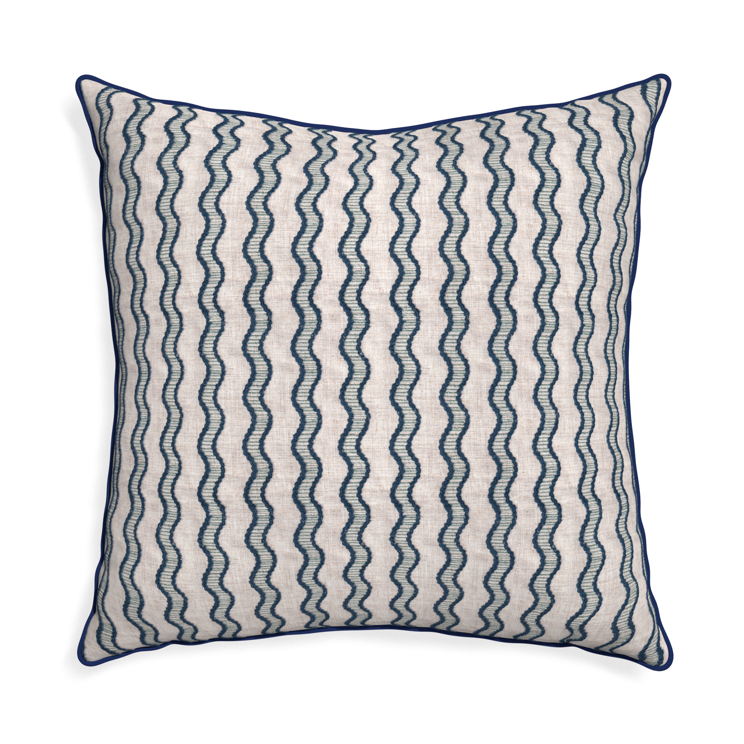 Euro-sham beatrice custom embroidered wavepillow with midnight piping on white background