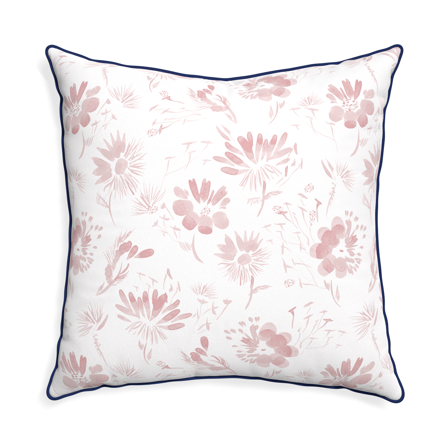 Euro-sham blake custom pink floralpillow with midnight piping on white background