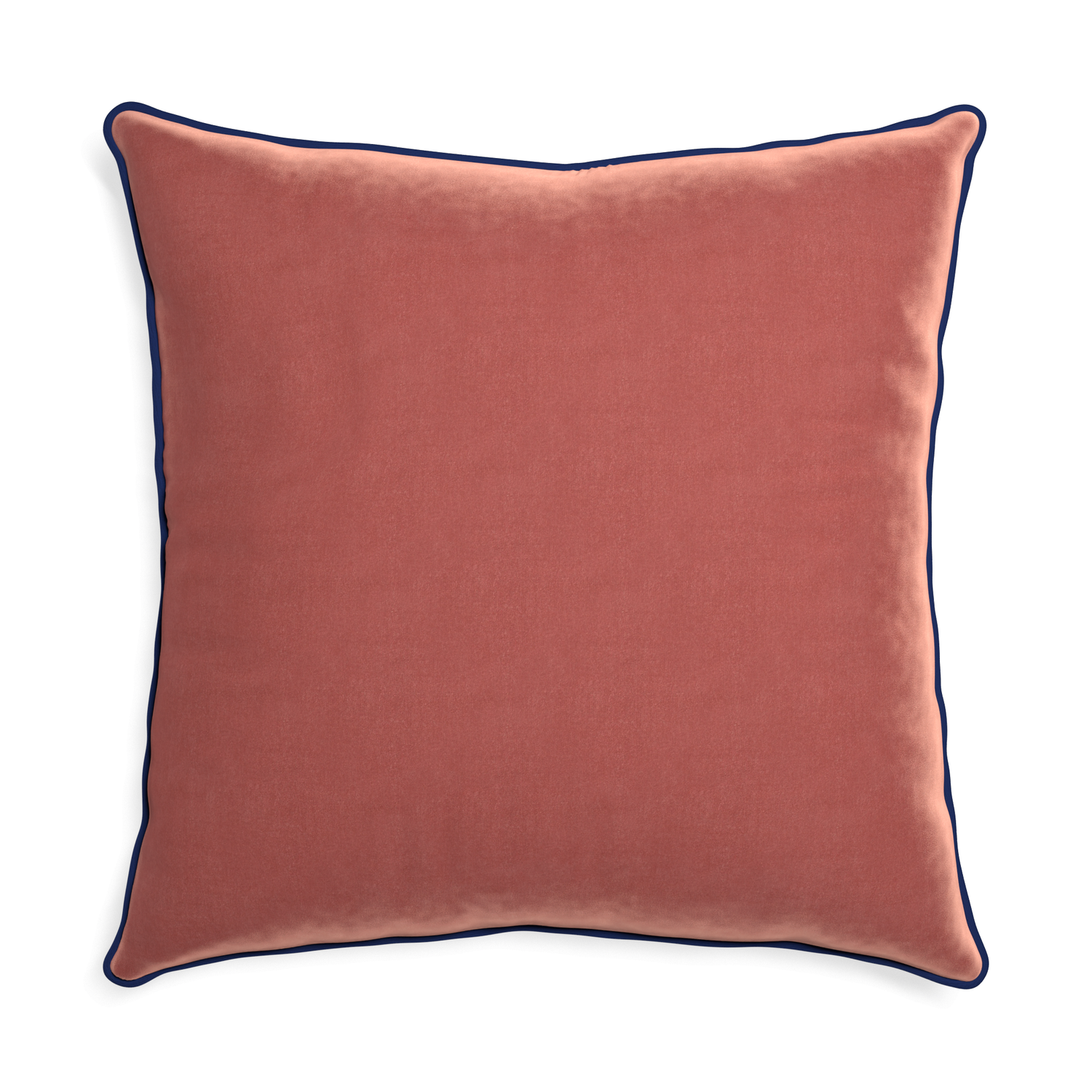 square coral velvet pillow with navy blue piping