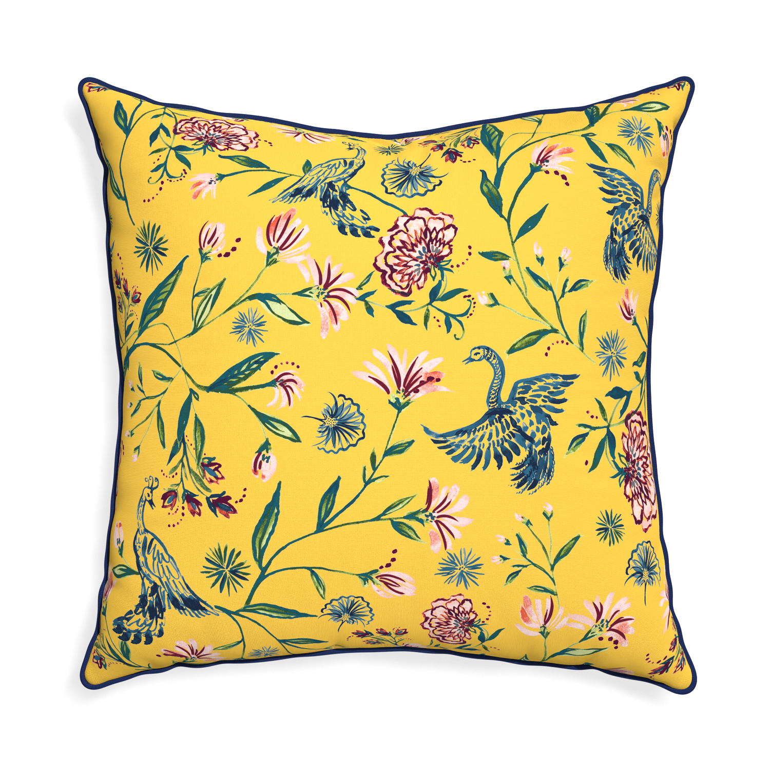 Euro-sham daphne canary custom pillow with midnight piping on white background