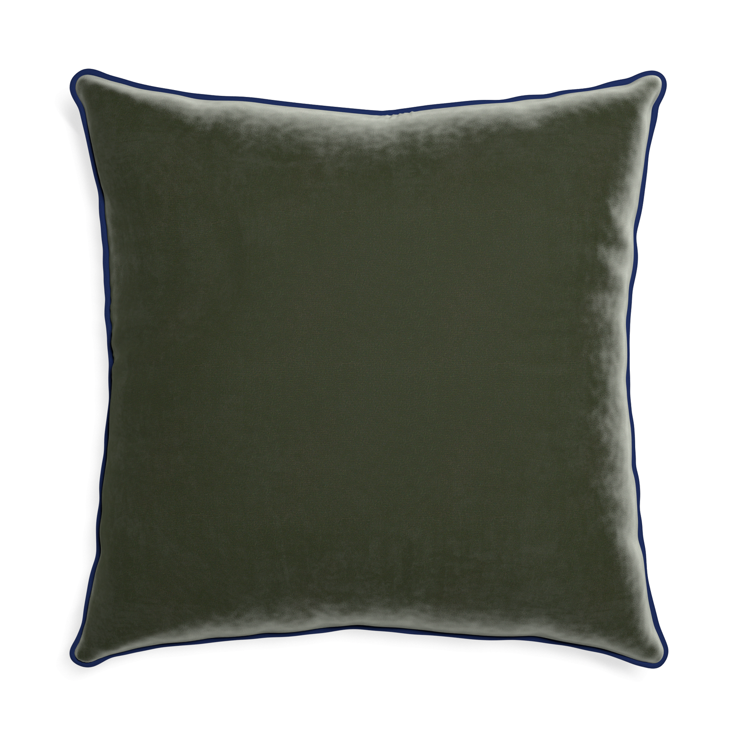 square fern green velvet pillow with navy blue piping