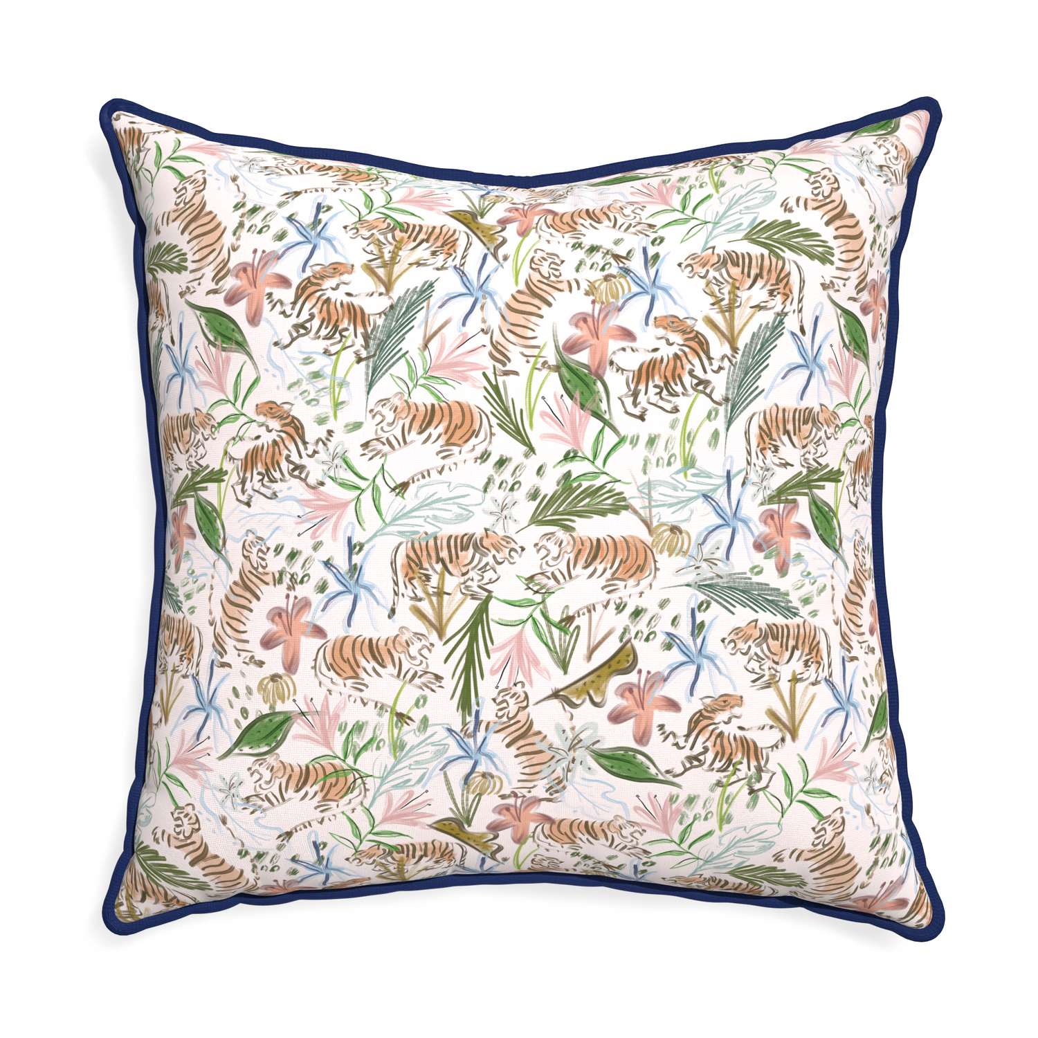 Euro-sham frida pink custom pink chinoiserie tigerpillow with midnight piping on white background