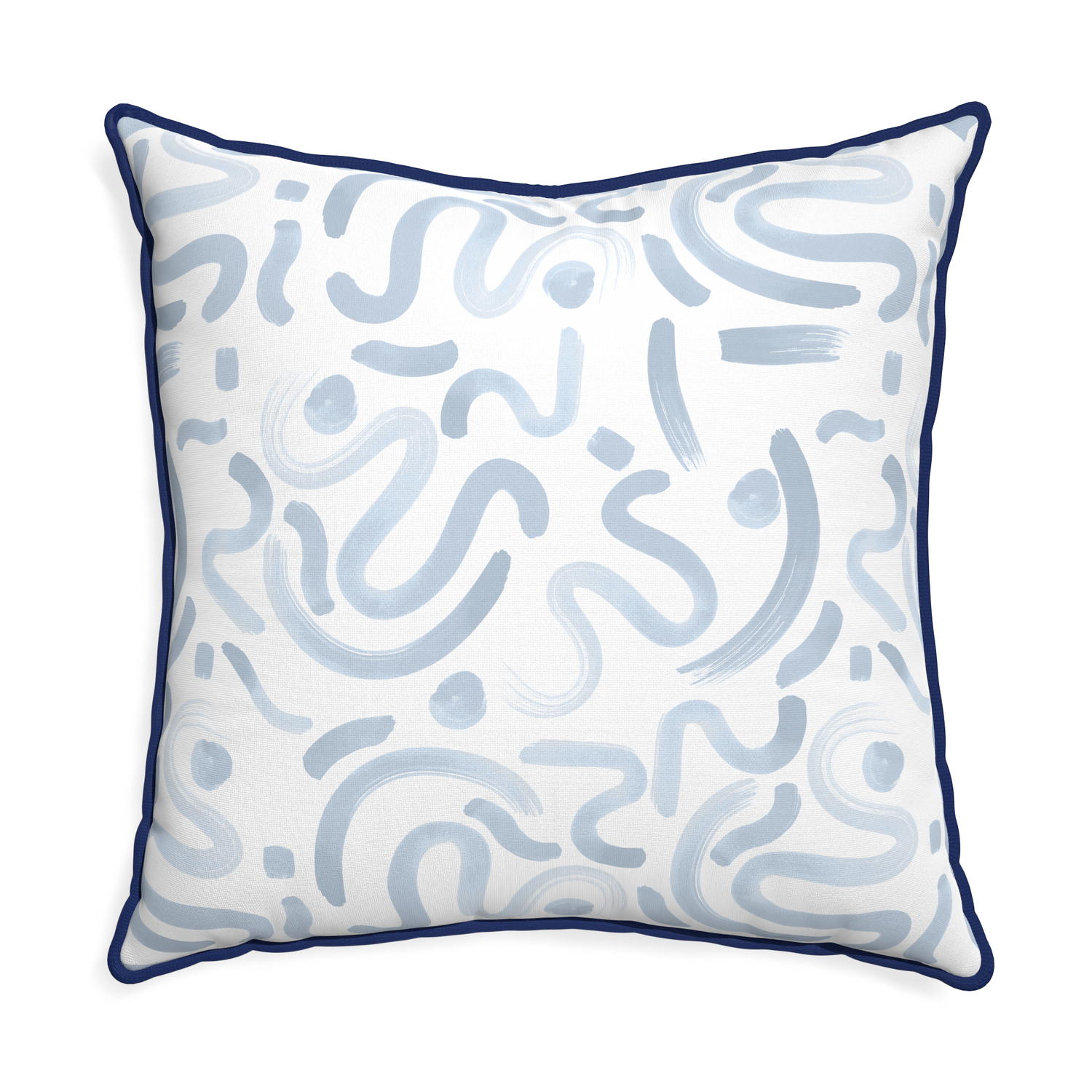 Euro-sham hockney sky custom pillow with midnight piping on white background