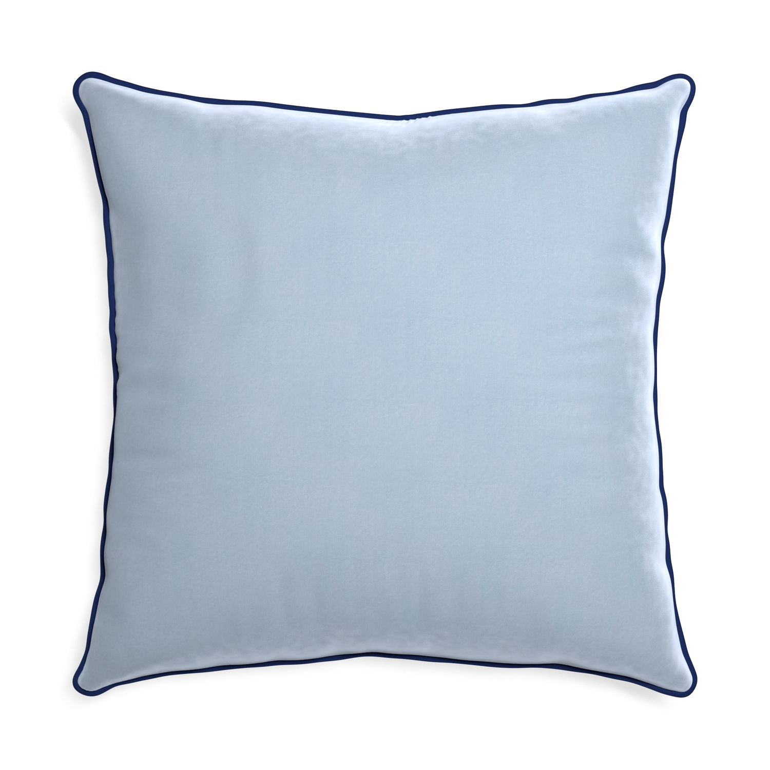 square light blue velvet pillow with navy blue piping