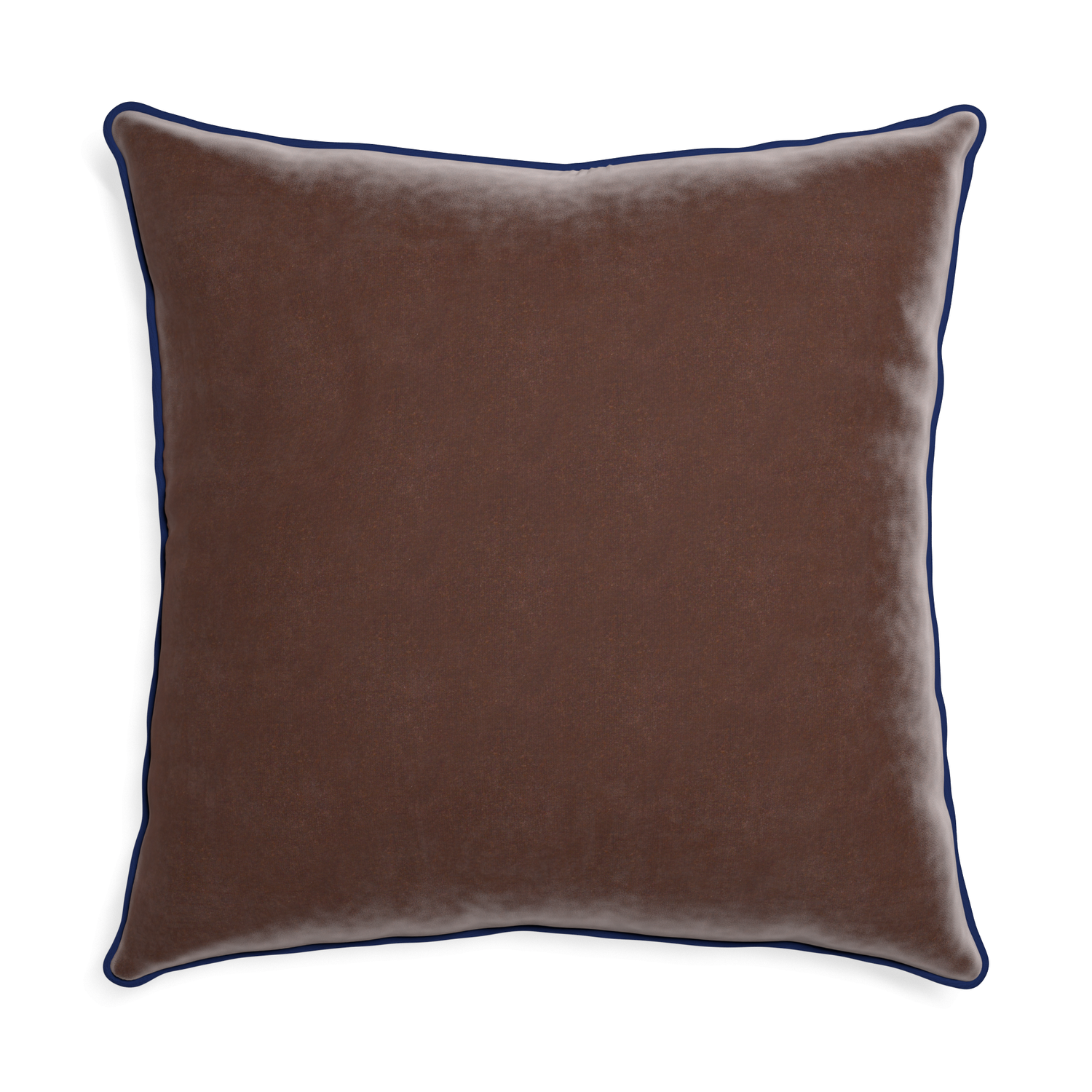 Euro-sham walnut velvet custom pillow with midnight piping on white background