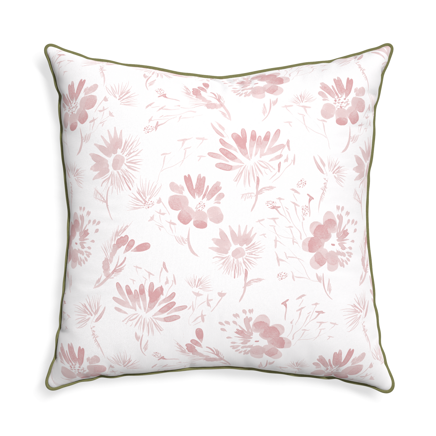 Euro-sham blake custom pink floralpillow with moss piping on white background