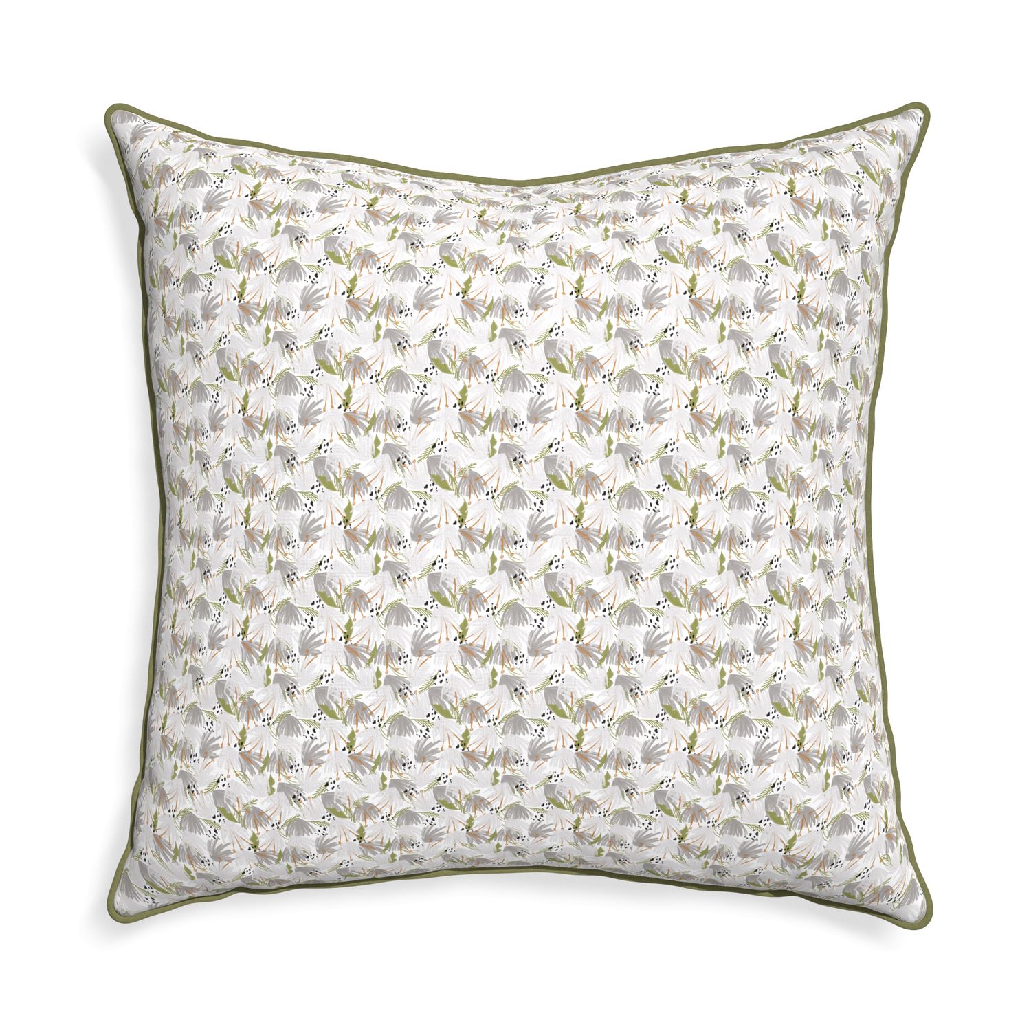 square grey floral pillow with moss green piping