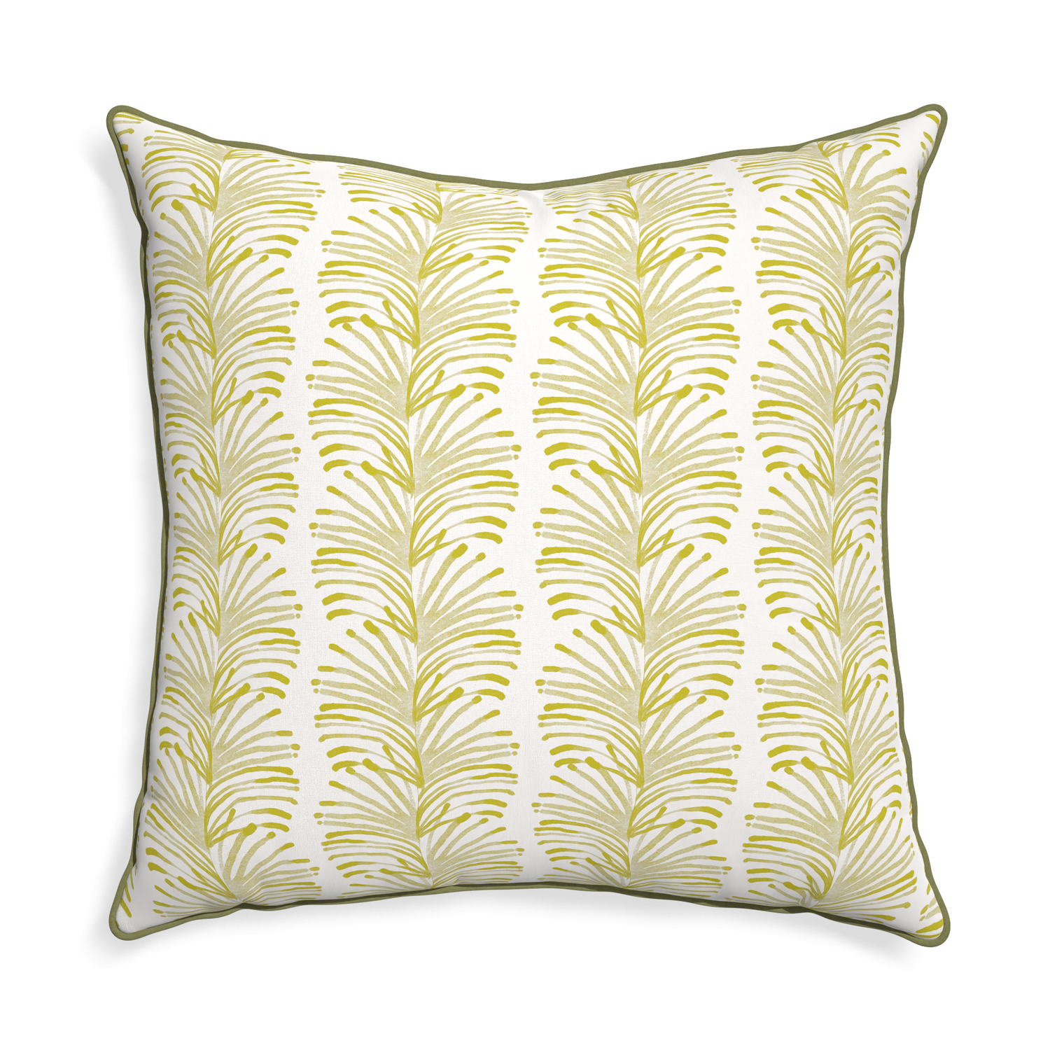 square chartreuse botanical stripe pillow with moss green piping
