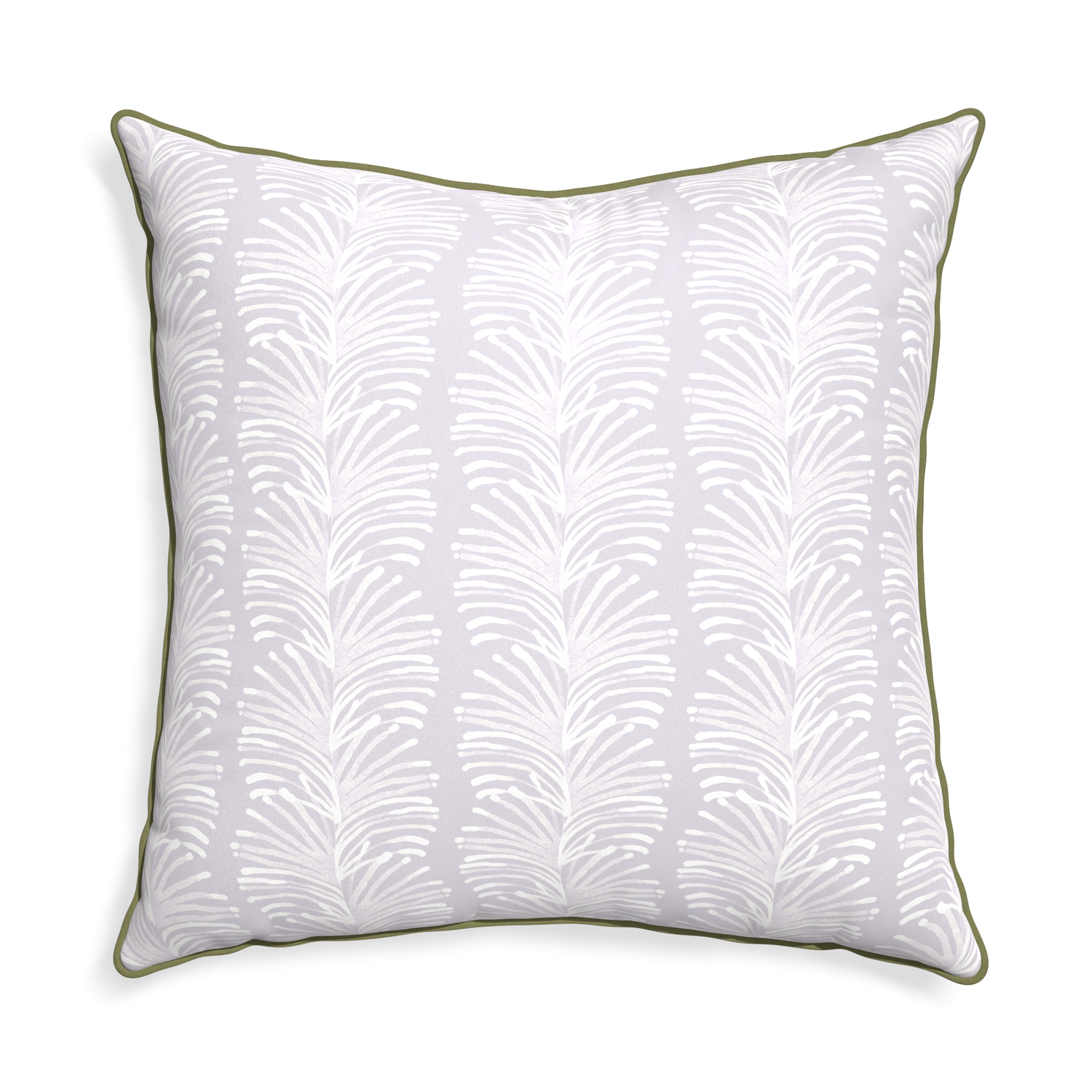 square lavender colored botanical stripe pillow with moss green piping