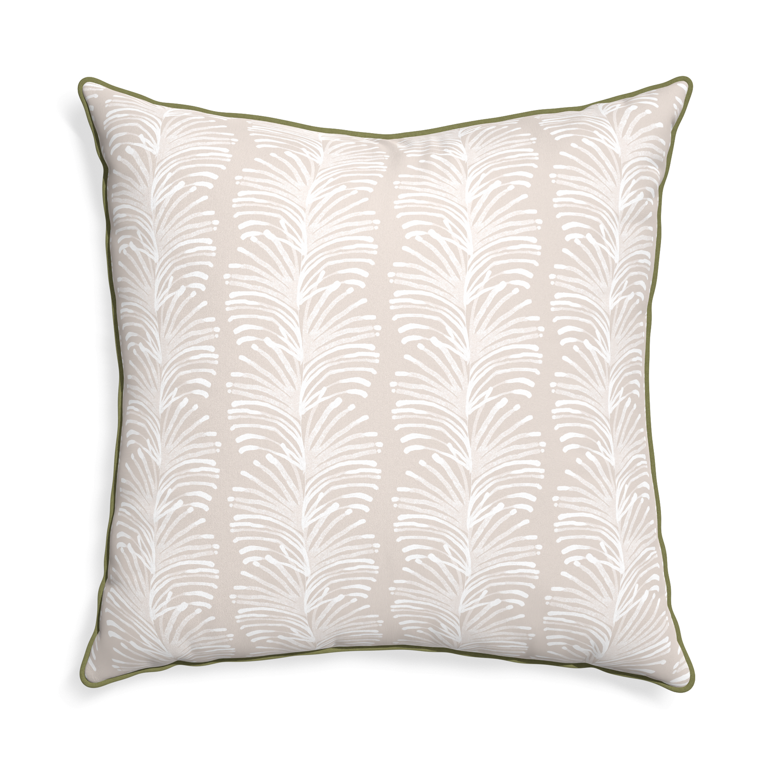 Euro-sham emma sand custom sand colored botanical stripepillow with moss piping on white background