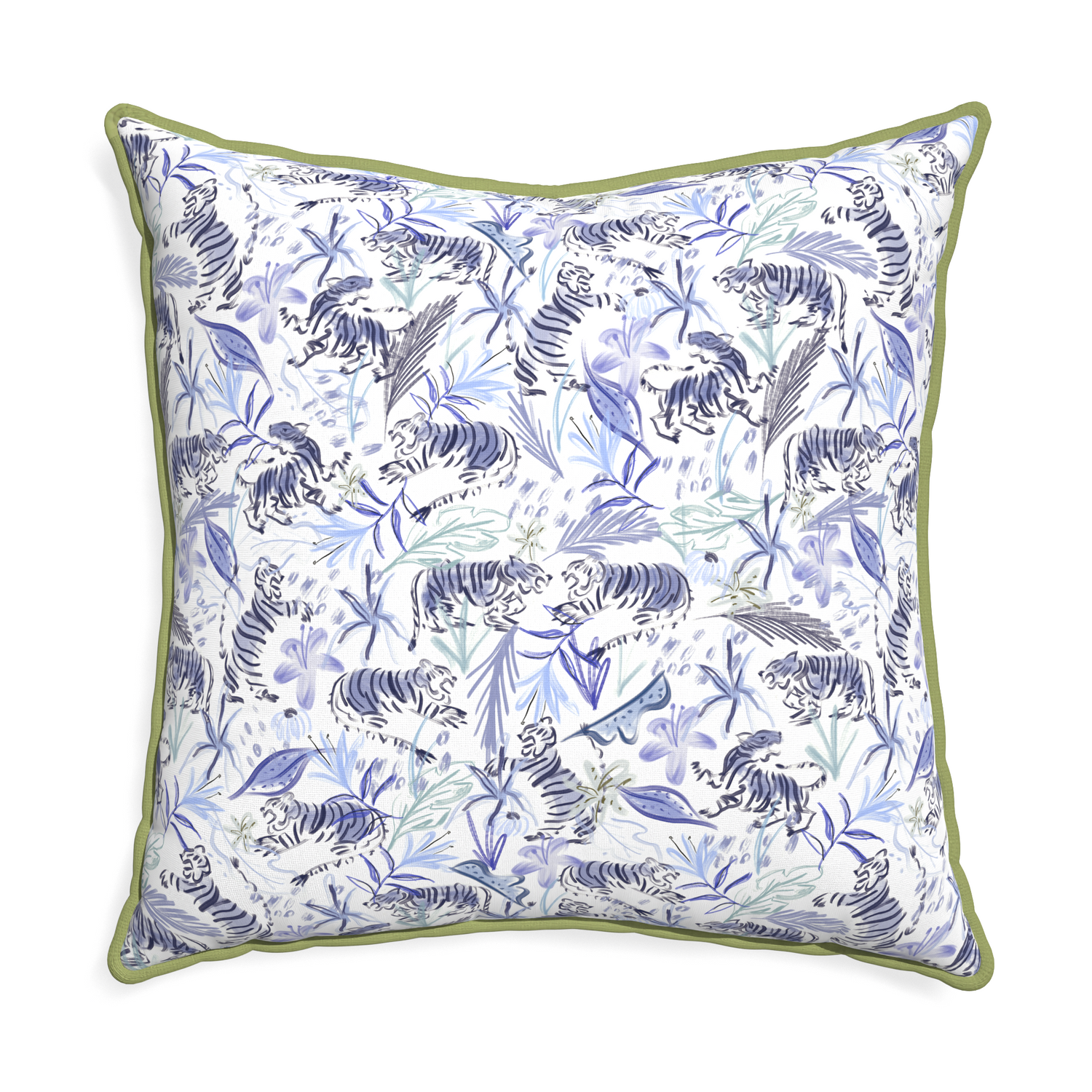 Euro-sham frida blue custom blue with intricate tiger designpillow with moss piping on white background