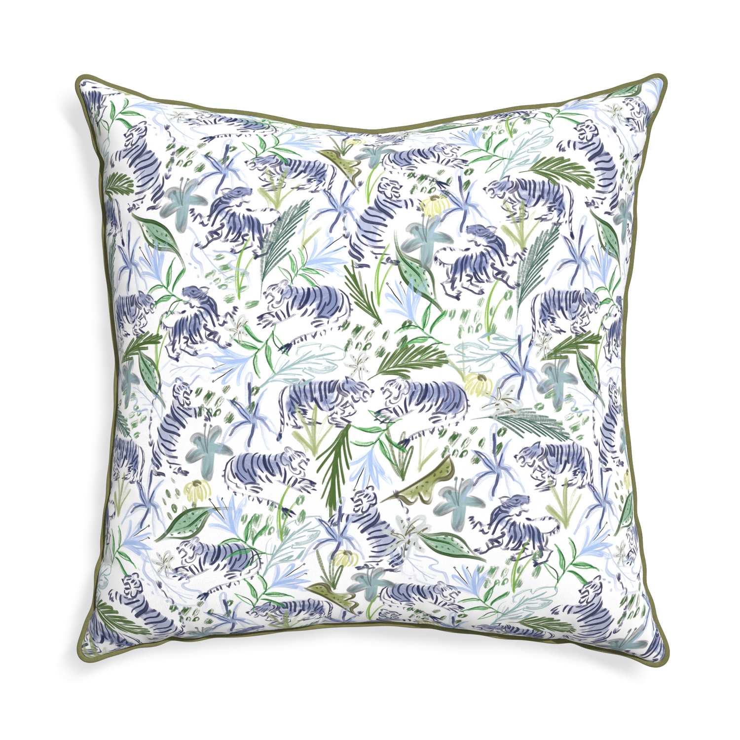 Euro-sham frida green custom pillow with moss piping on white background