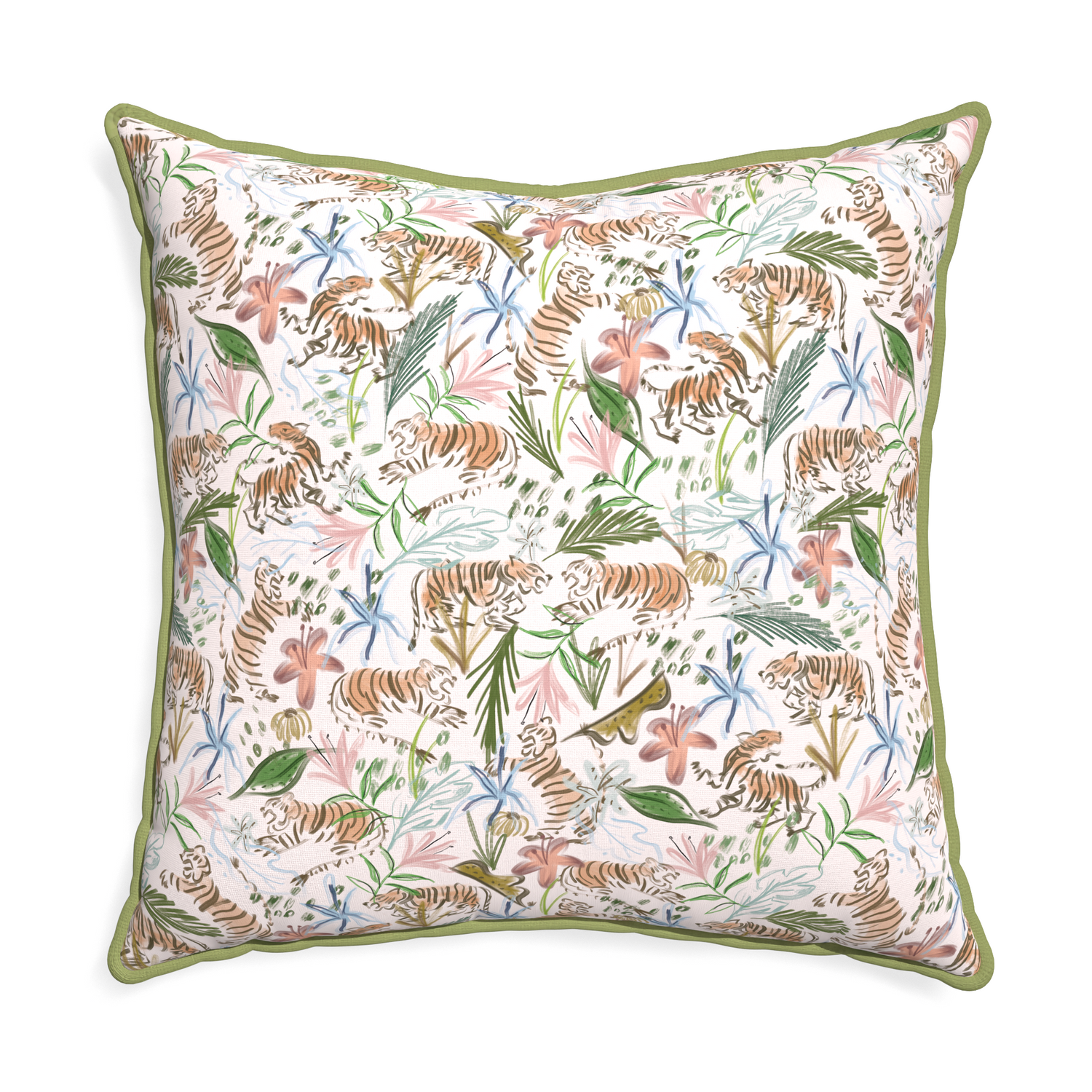Euro-sham frida pink custom pillow with moss piping on white background