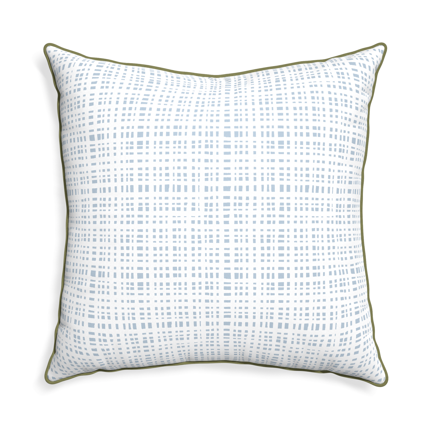 square plaid sky blue pillow with moss green piping