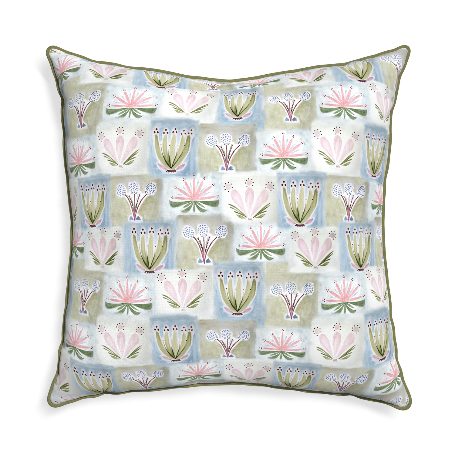 square hand painted floral pillow with moss green piping