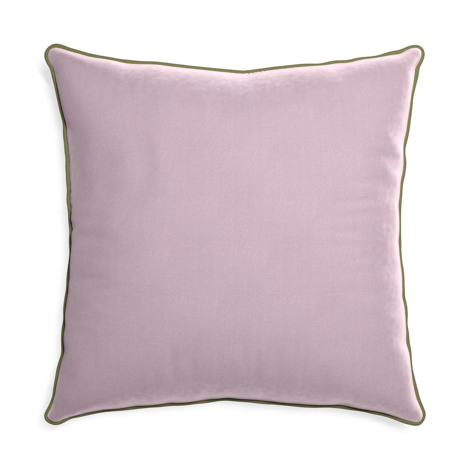 Euro-sham lilac velvet custom pillow with moss piping on white background