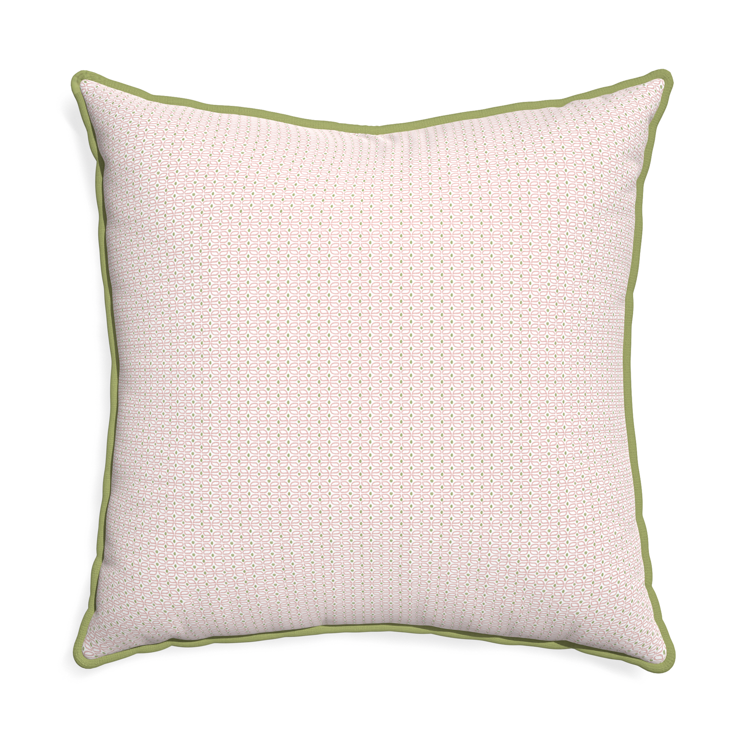 Euro-sham loomi pink custom pillow with moss piping on white background