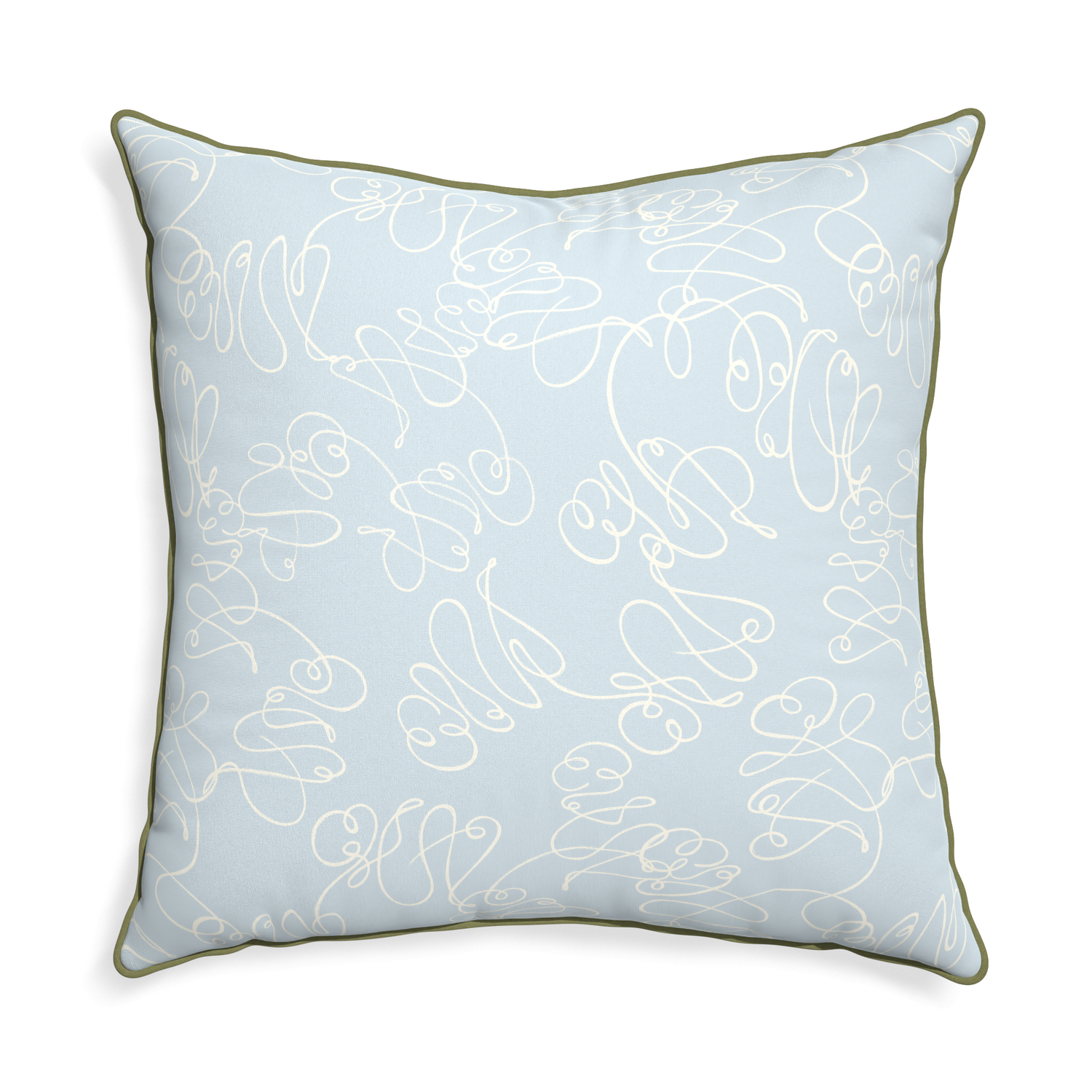 square powder blue abstract pillow with moss green piping