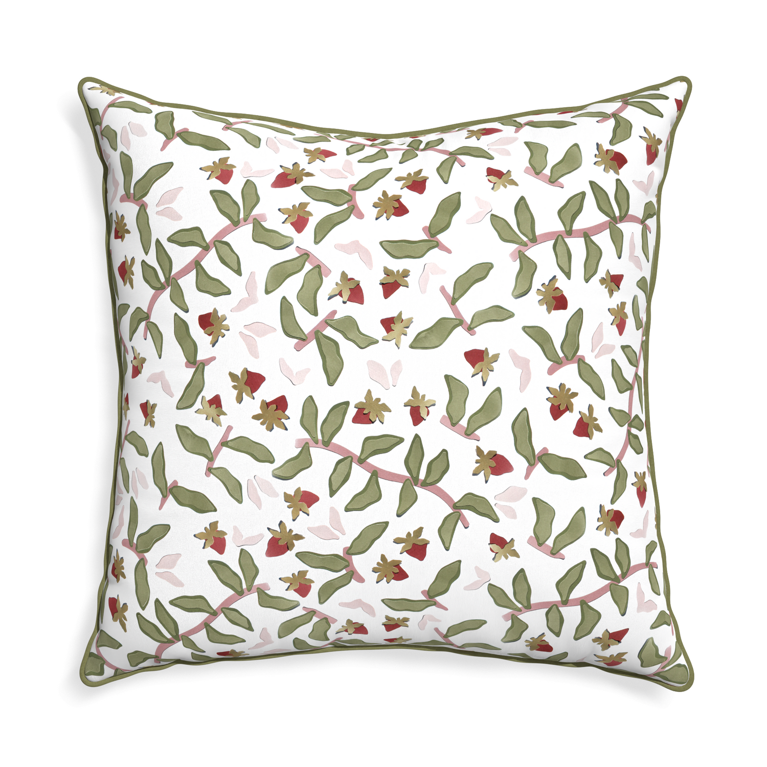 square strawberry and botanical pillow with moss green piping 