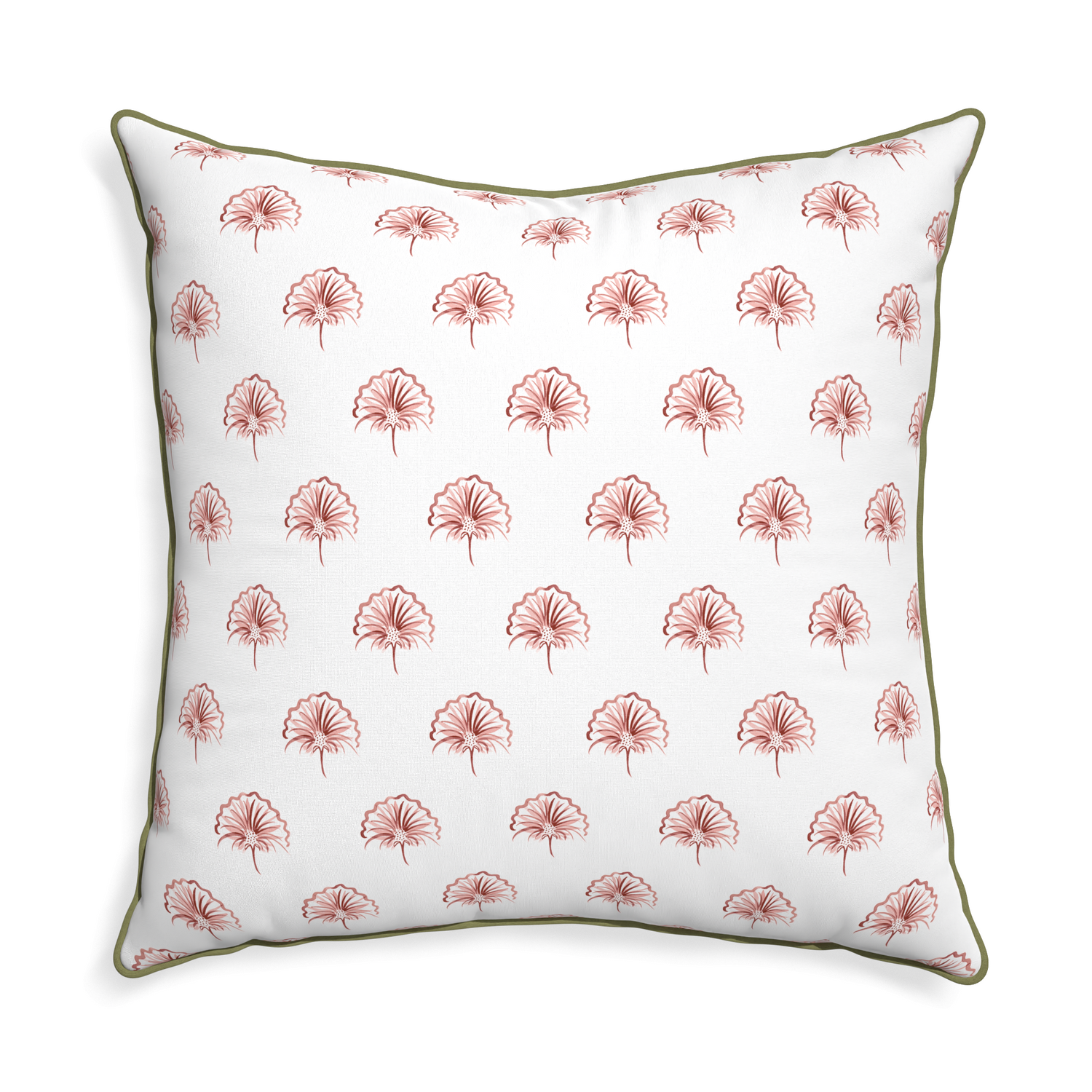Euro-sham penelope rose custom pillow with moss piping on white background