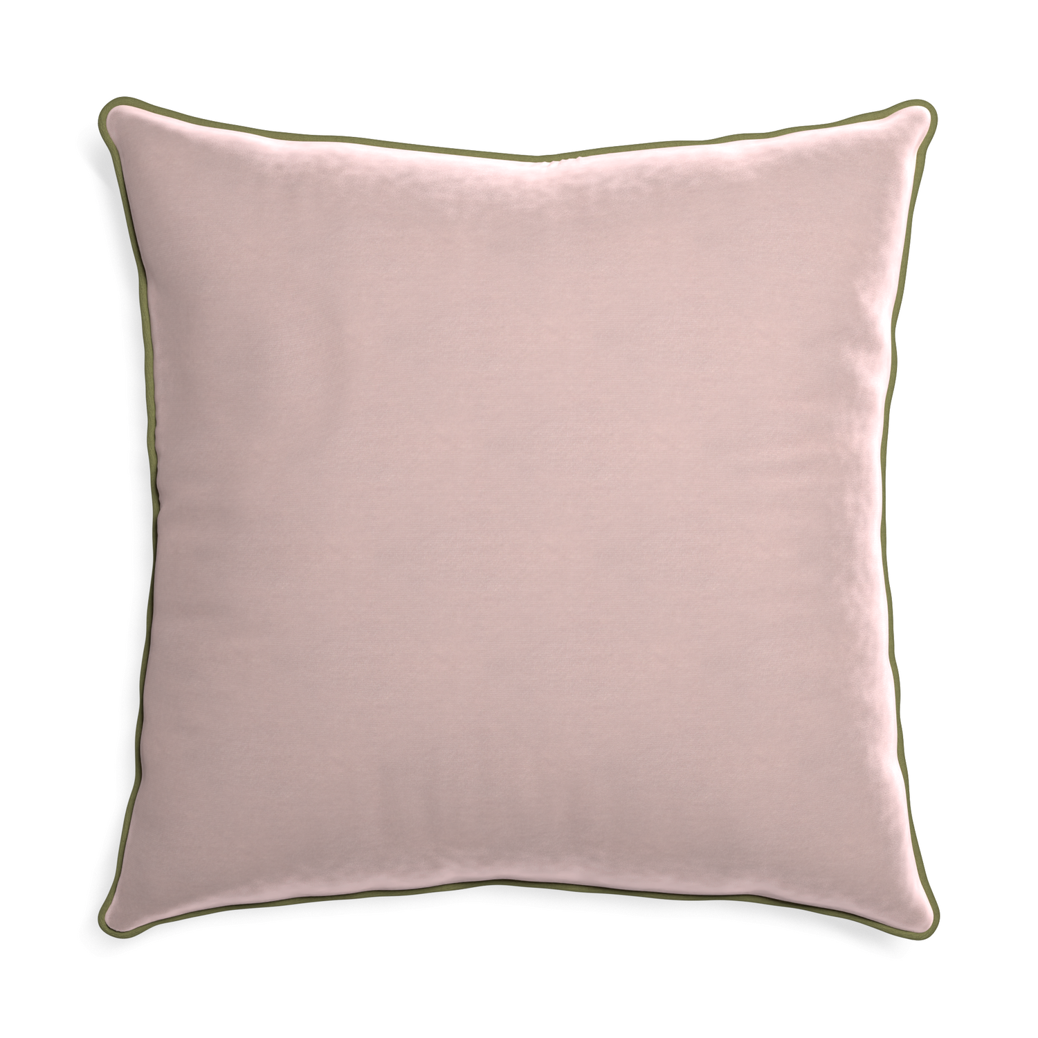 Euro-sham rose velvet custom pillow with moss piping on white background