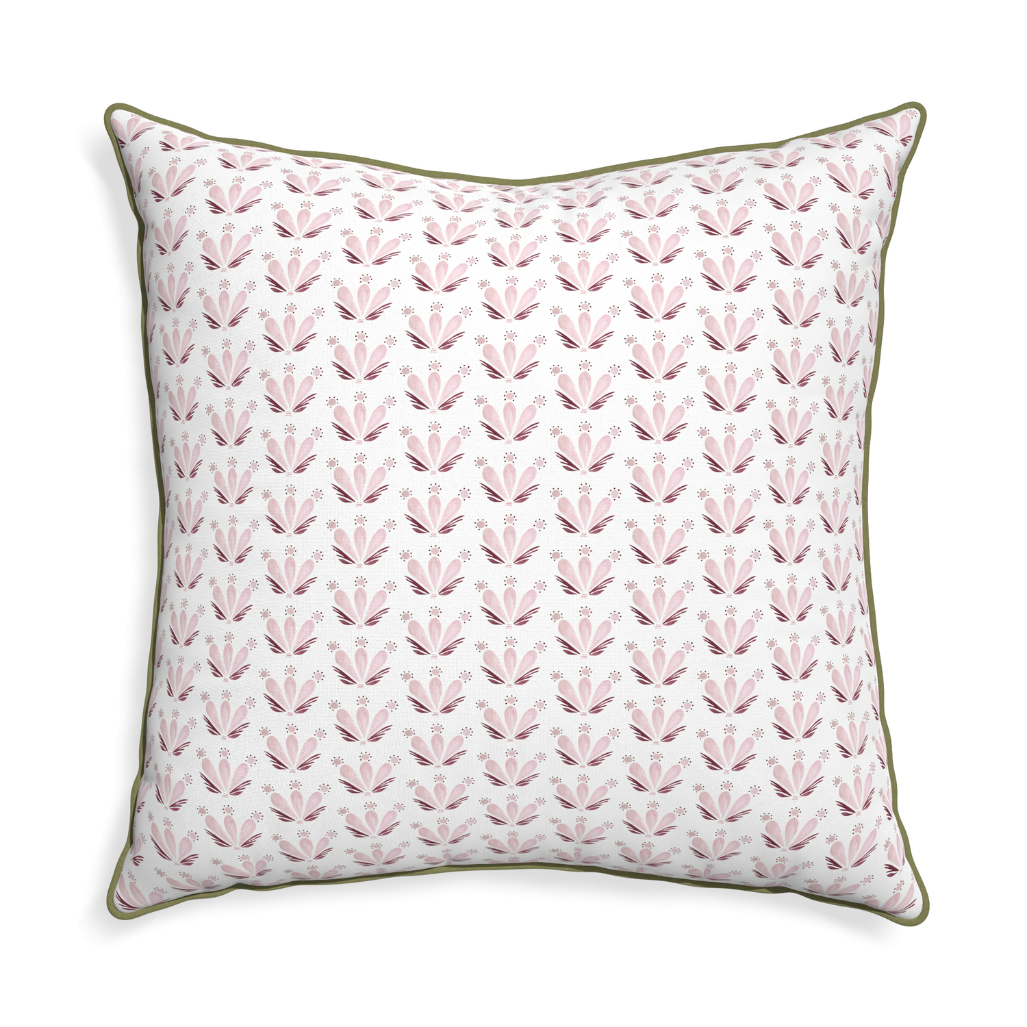Euro-sham serena pink custom pink & burgundy drop repeat floralpillow with moss piping on white background