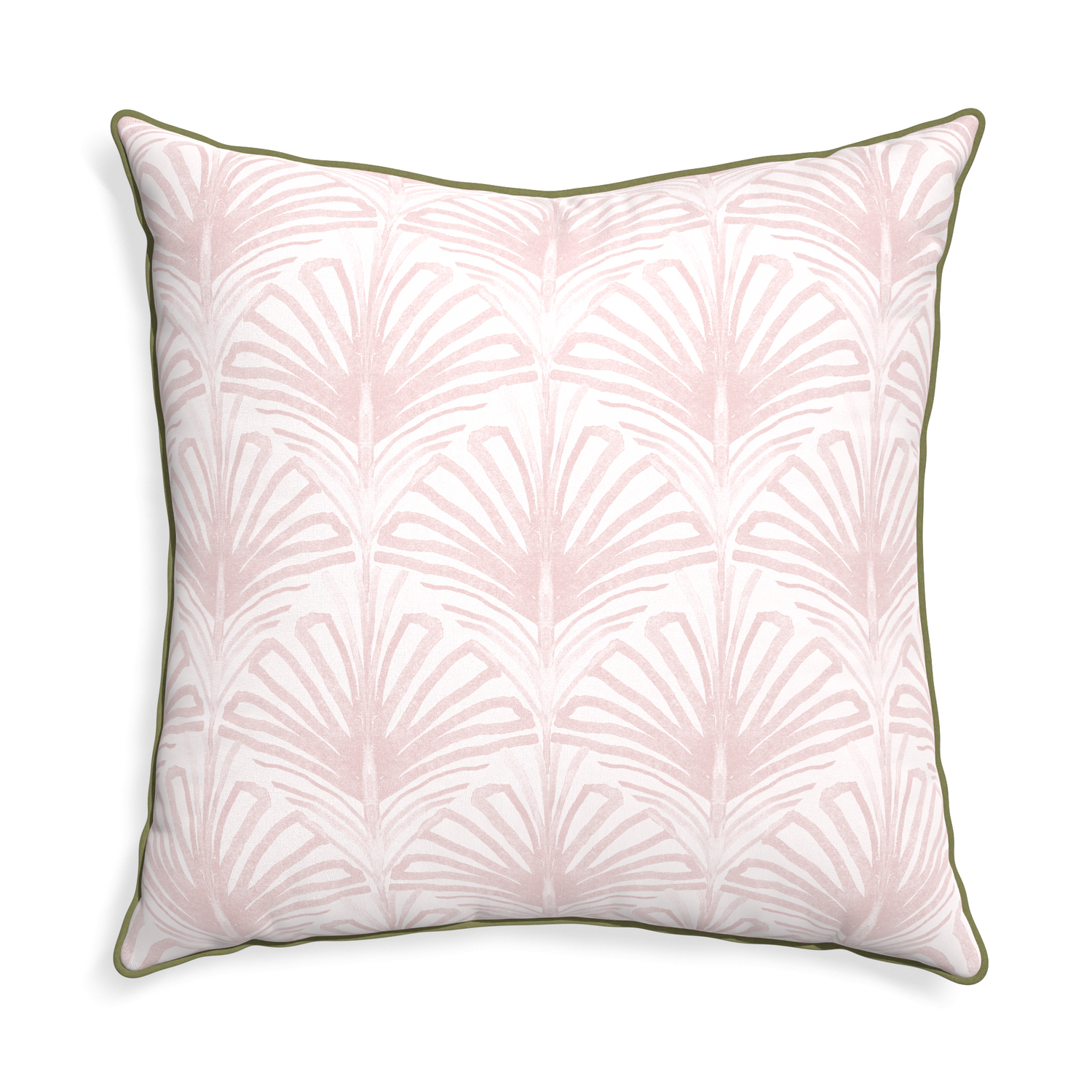 square rose pink palm pillow with moss green piping