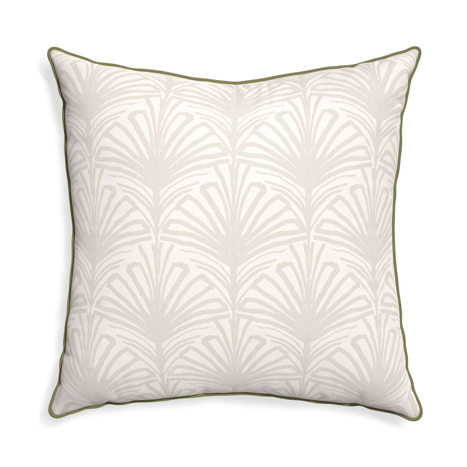 Euro-sham suzy sand custom beige palmpillow with moss piping on white background