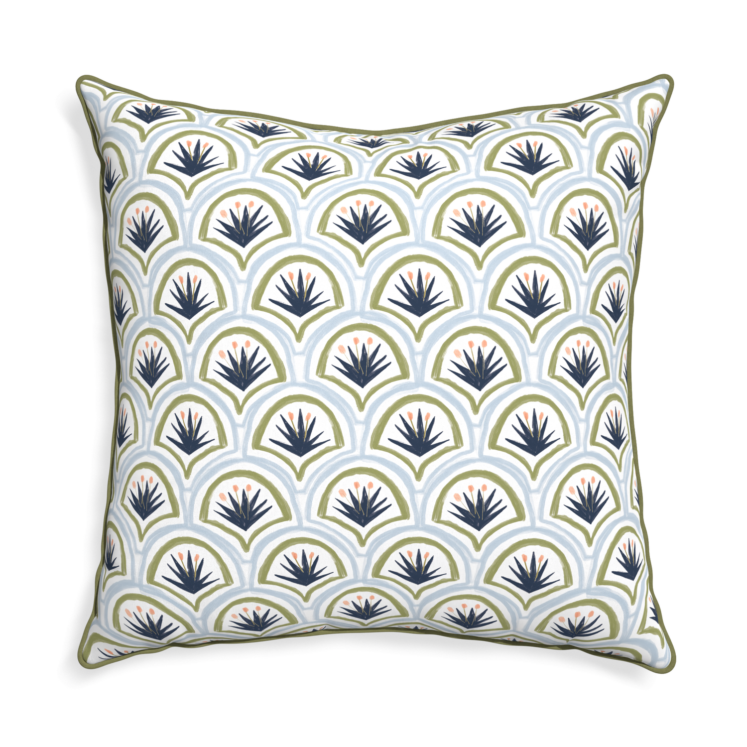 Euro-sham thatcher midnight custom art deco palm patternpillow with moss piping on white background