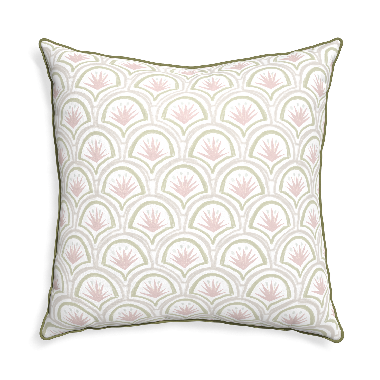 square pink and green art deco palm pattern with moss green piping