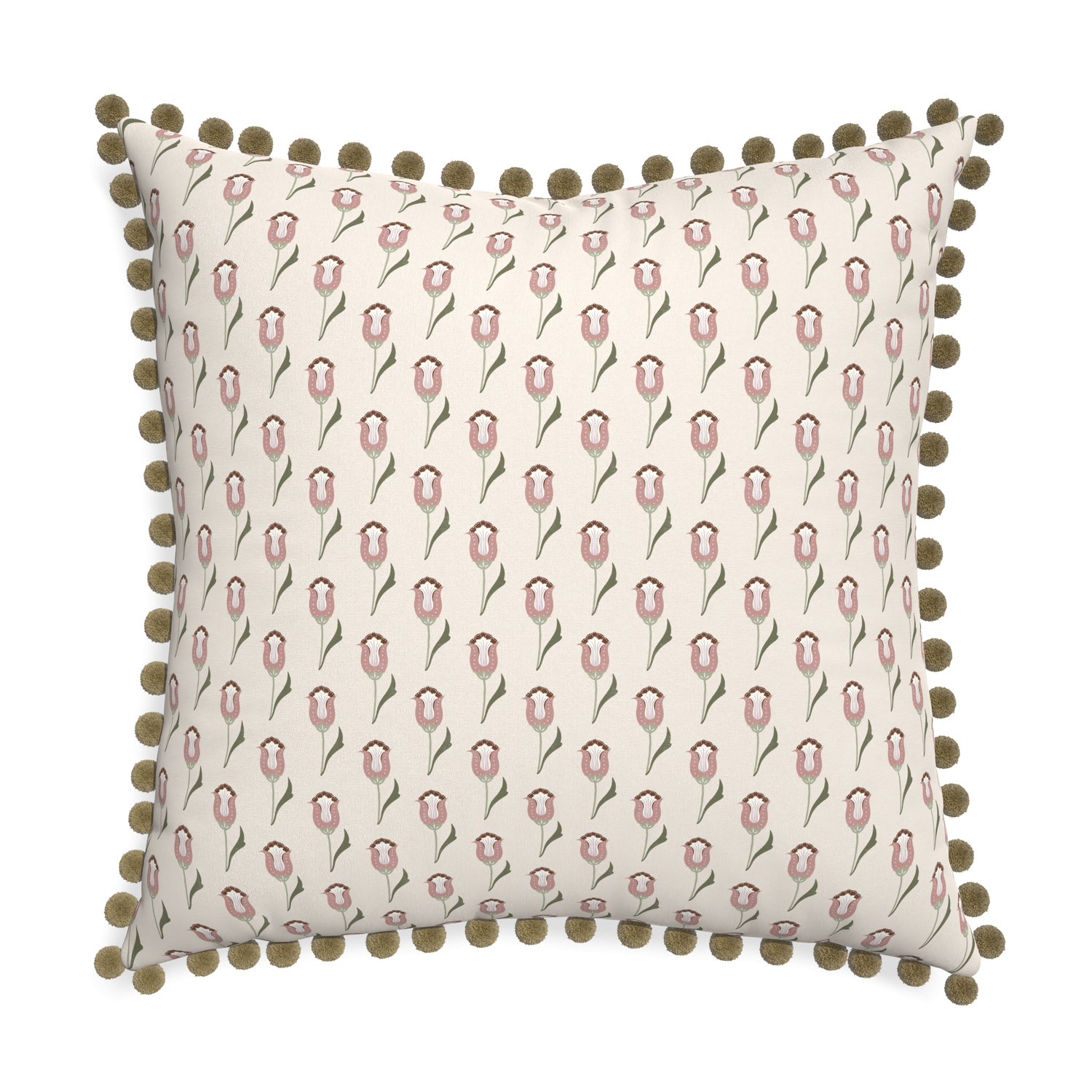 abstract floral pink pillow with olive green pom poms