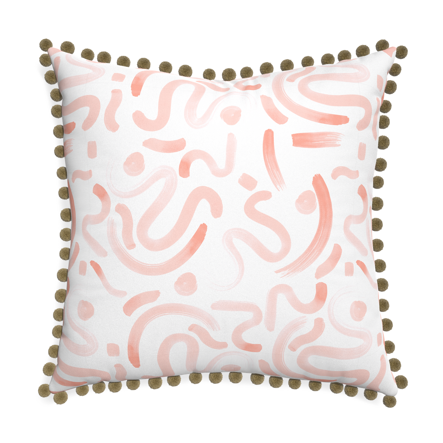 Euro-sham hockney pink custom pillow with olive pom pom on white background