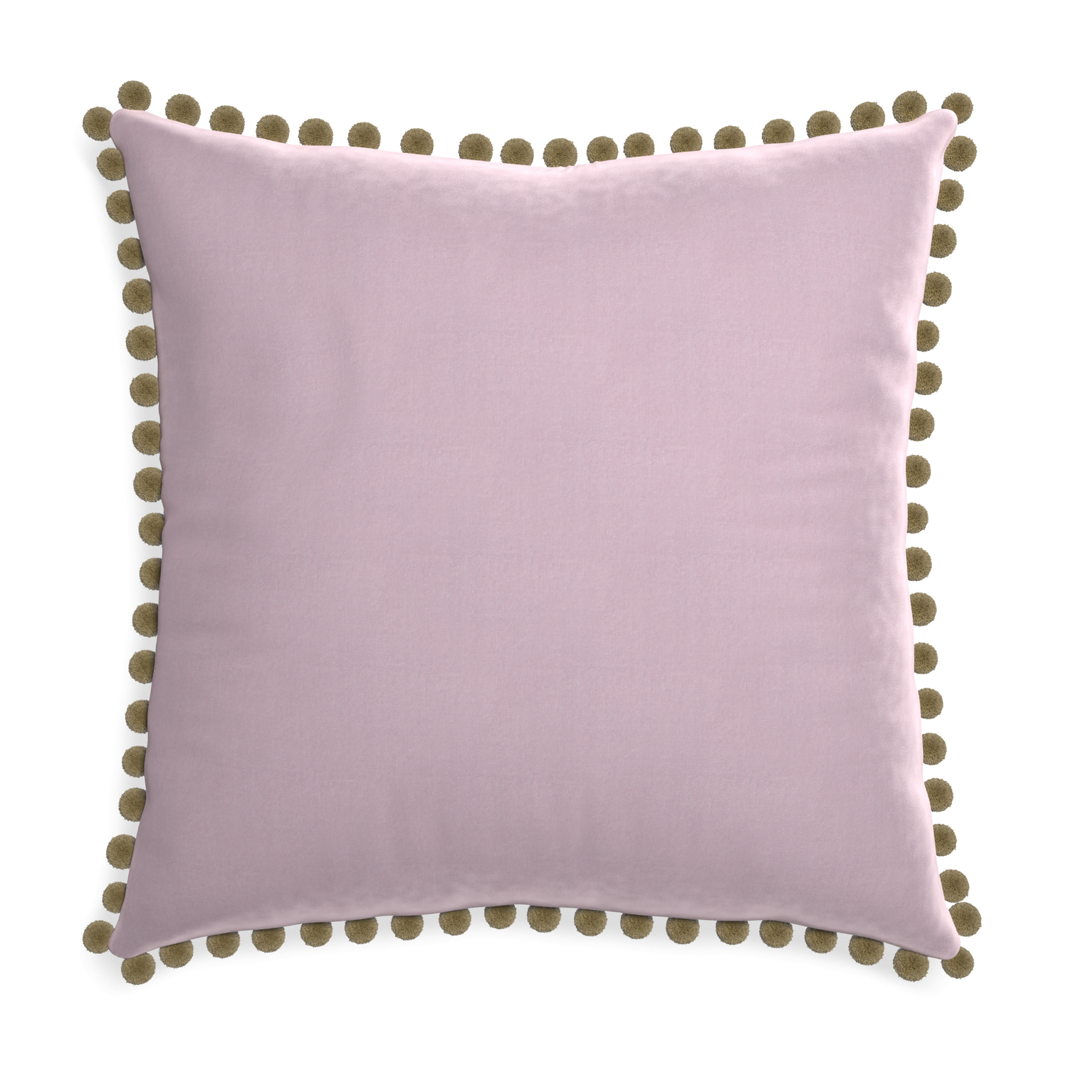 square lilac velvet pillow with olive green pom poms