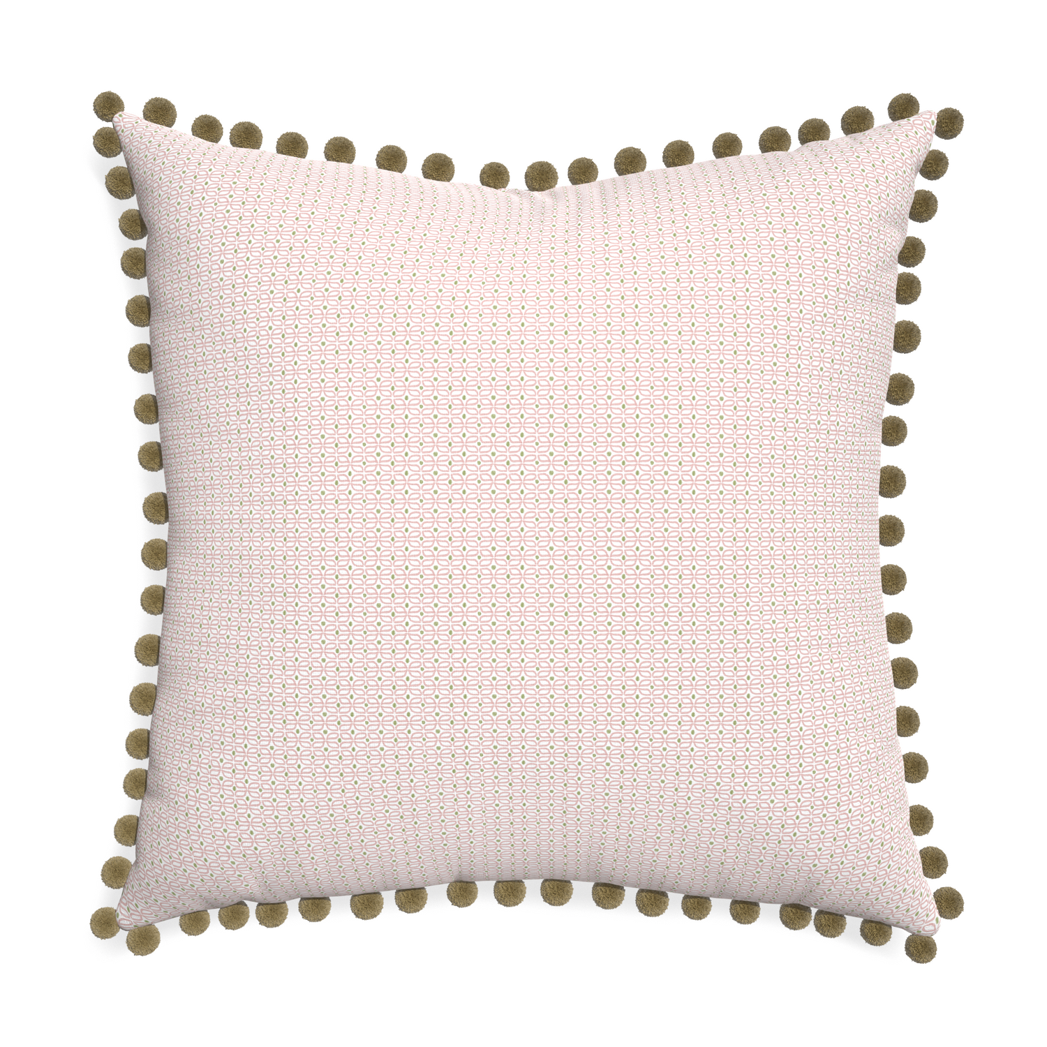 Euro-sham loomi pink custom pillow with olive pom pom on white background