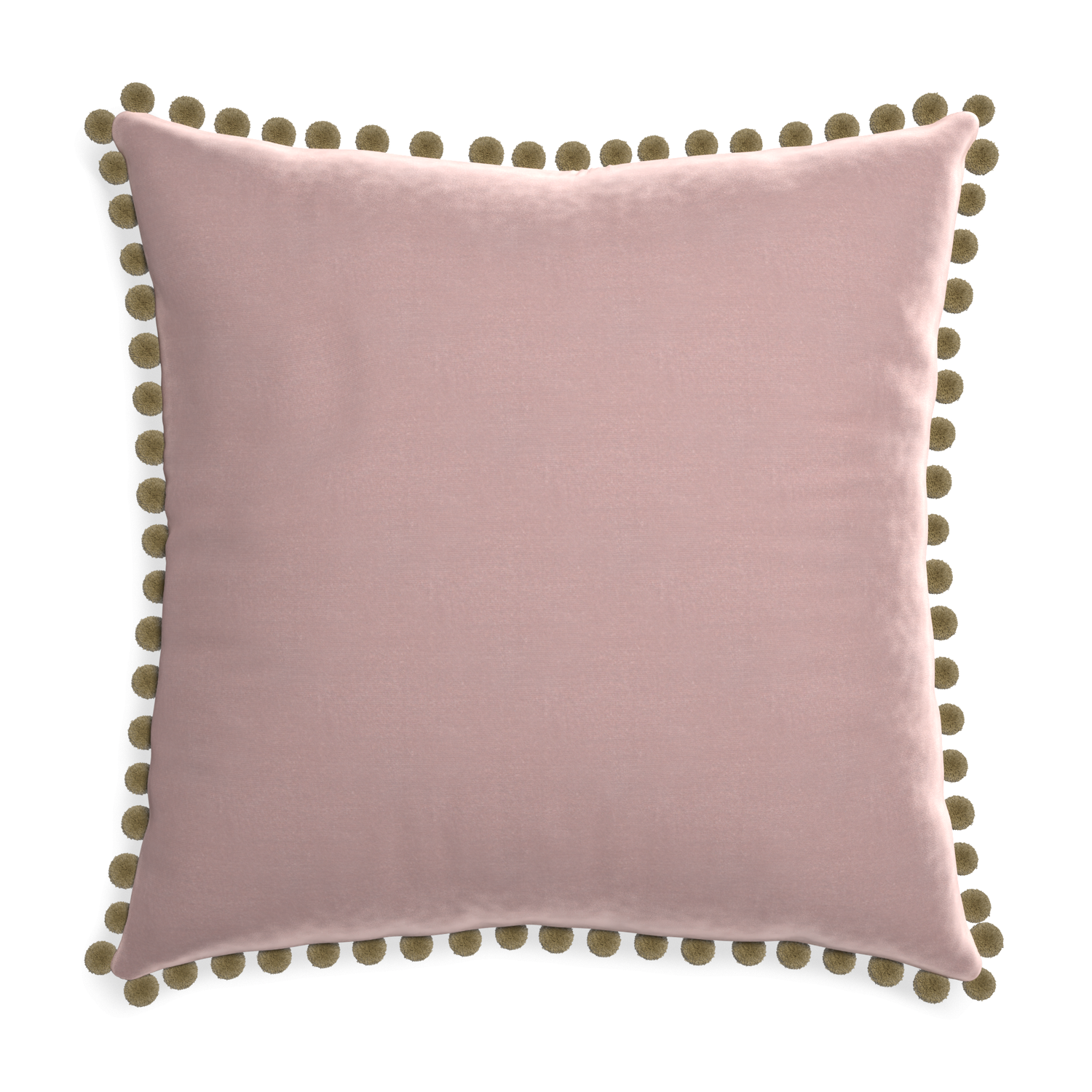 Euro-sham mauve velvet custom pillow with olive pom pom on white background