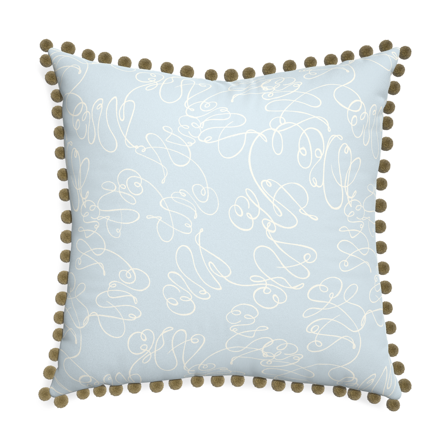 Euro-sham mirabella custom pillow with olive pom pom on white background