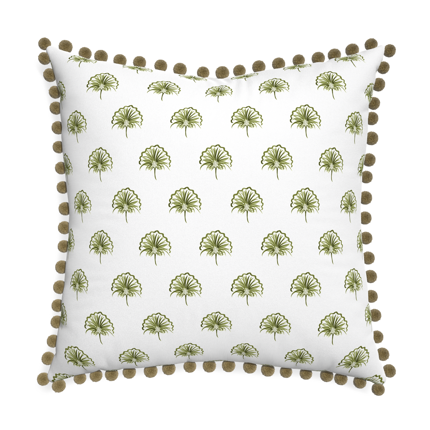 Euro-sham penelope moss custom pillow with olive pom pom on white background