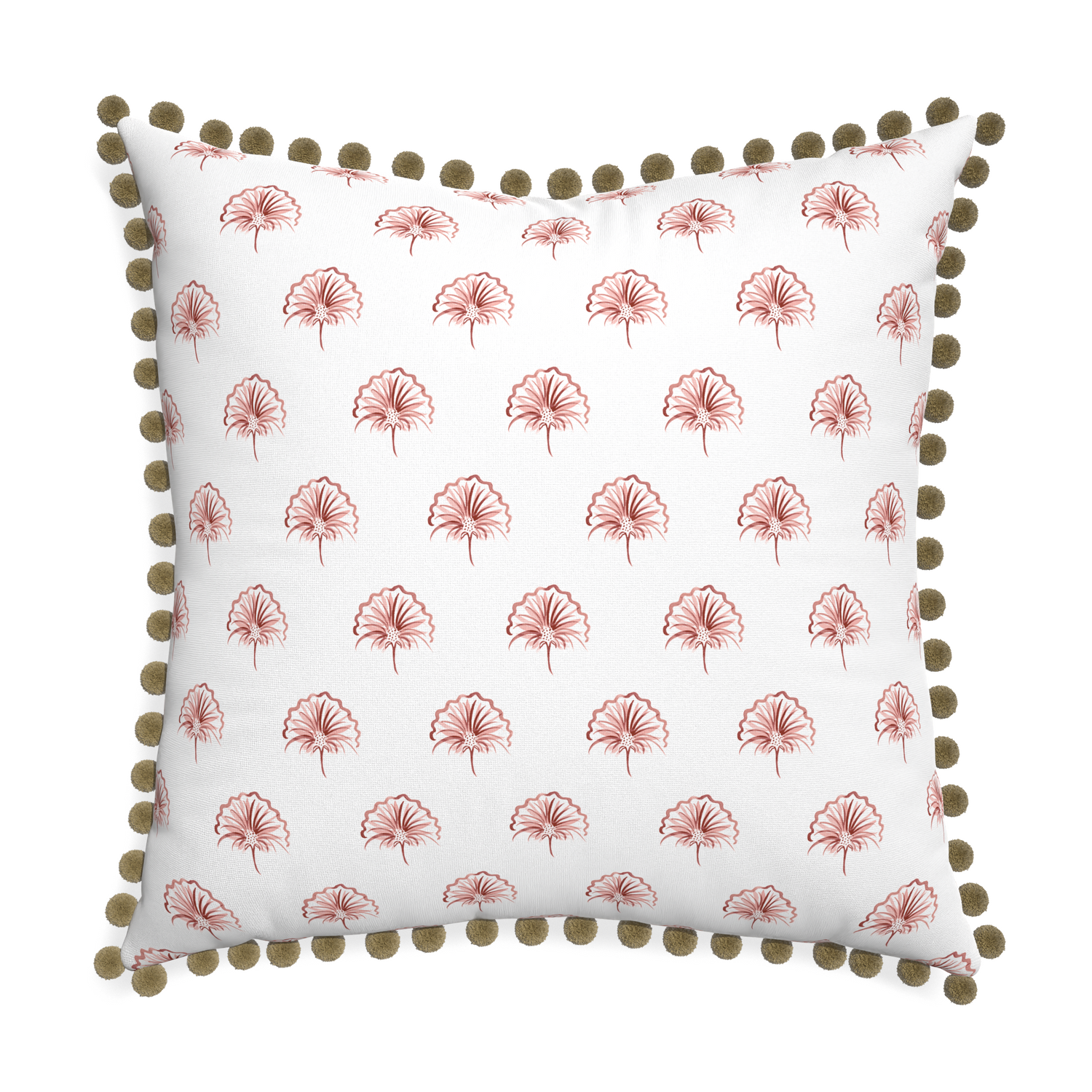Euro-sham penelope rose custom pillow with olive pom pom on white background