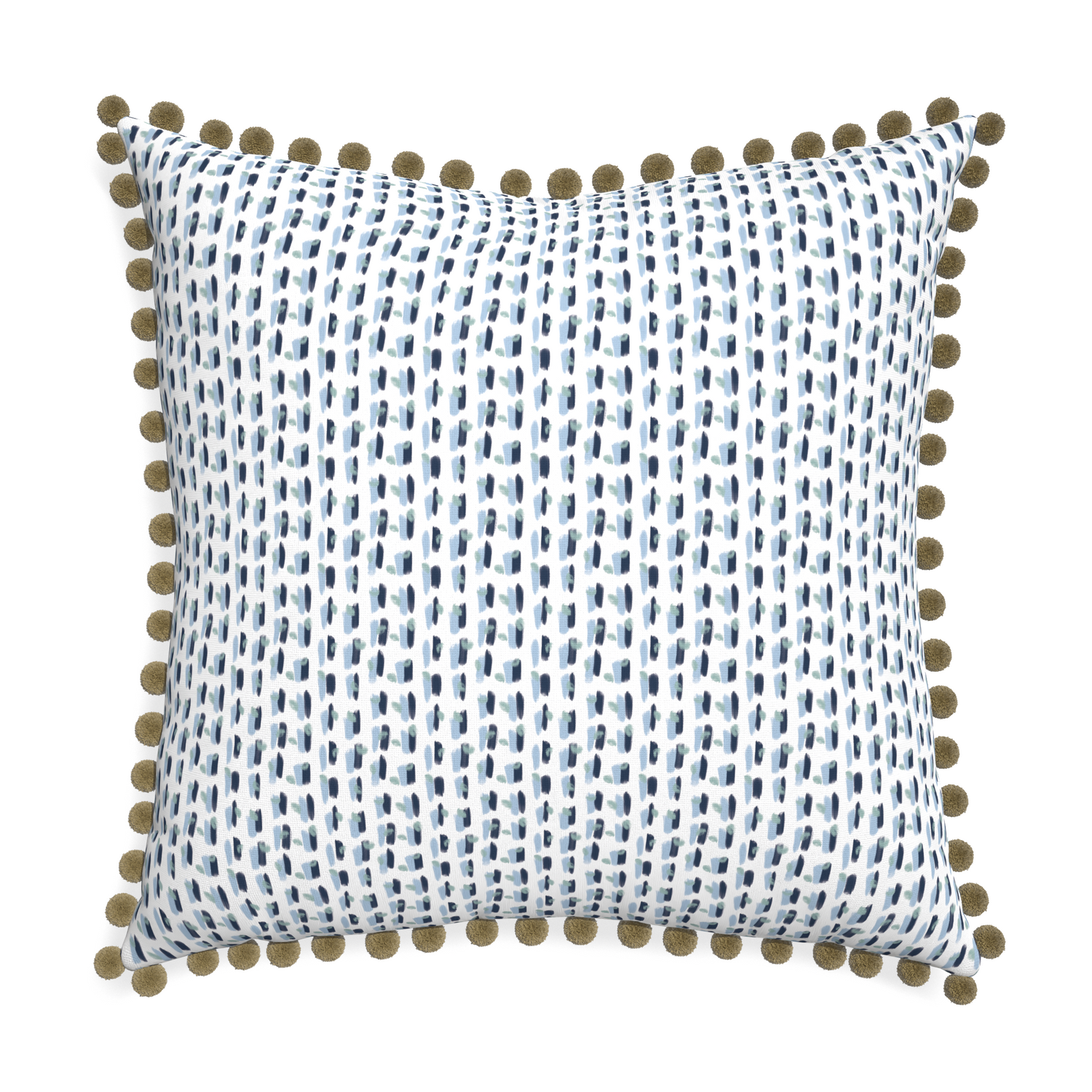 Euro-sham poppy blue custom pillow with olive pom pom on white background